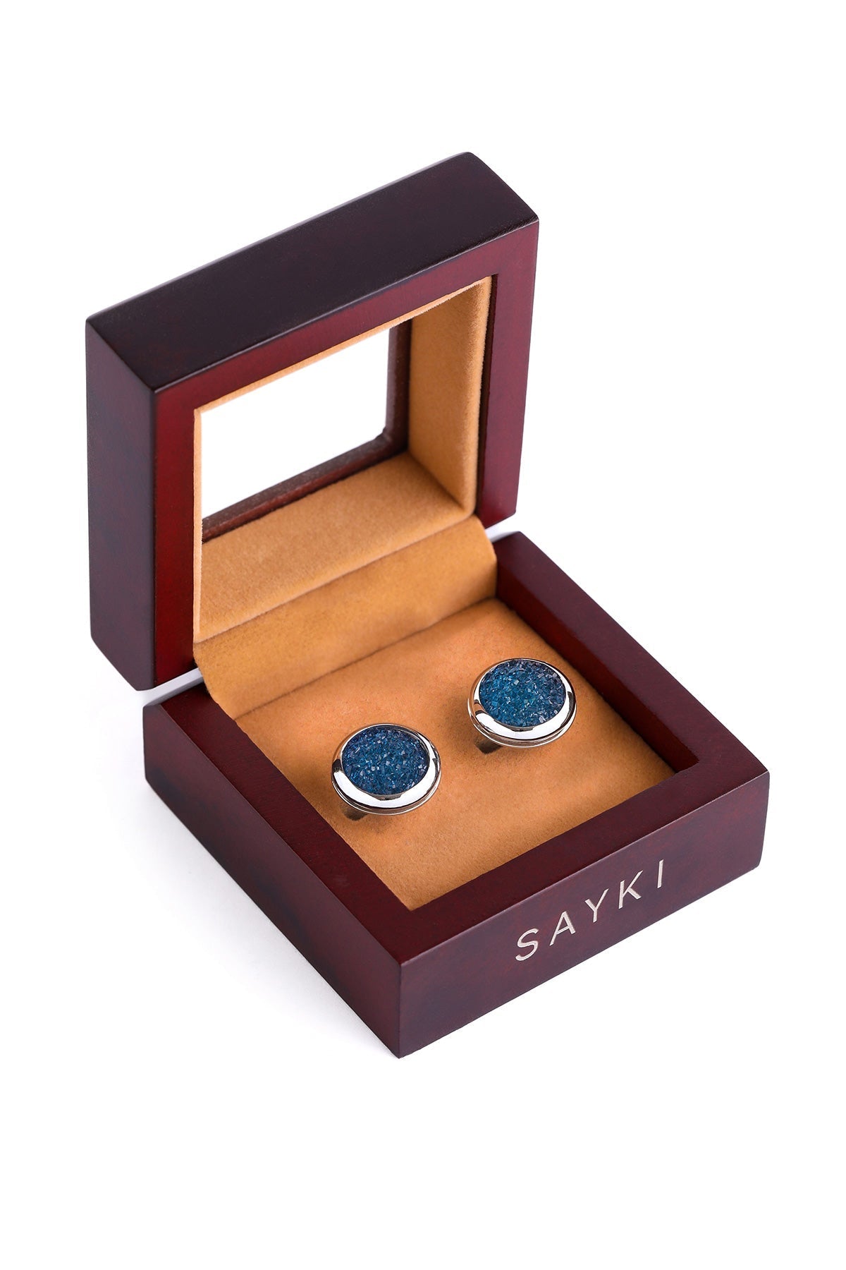 Blue Textured Natural Stone Round Cufflinks - MIB