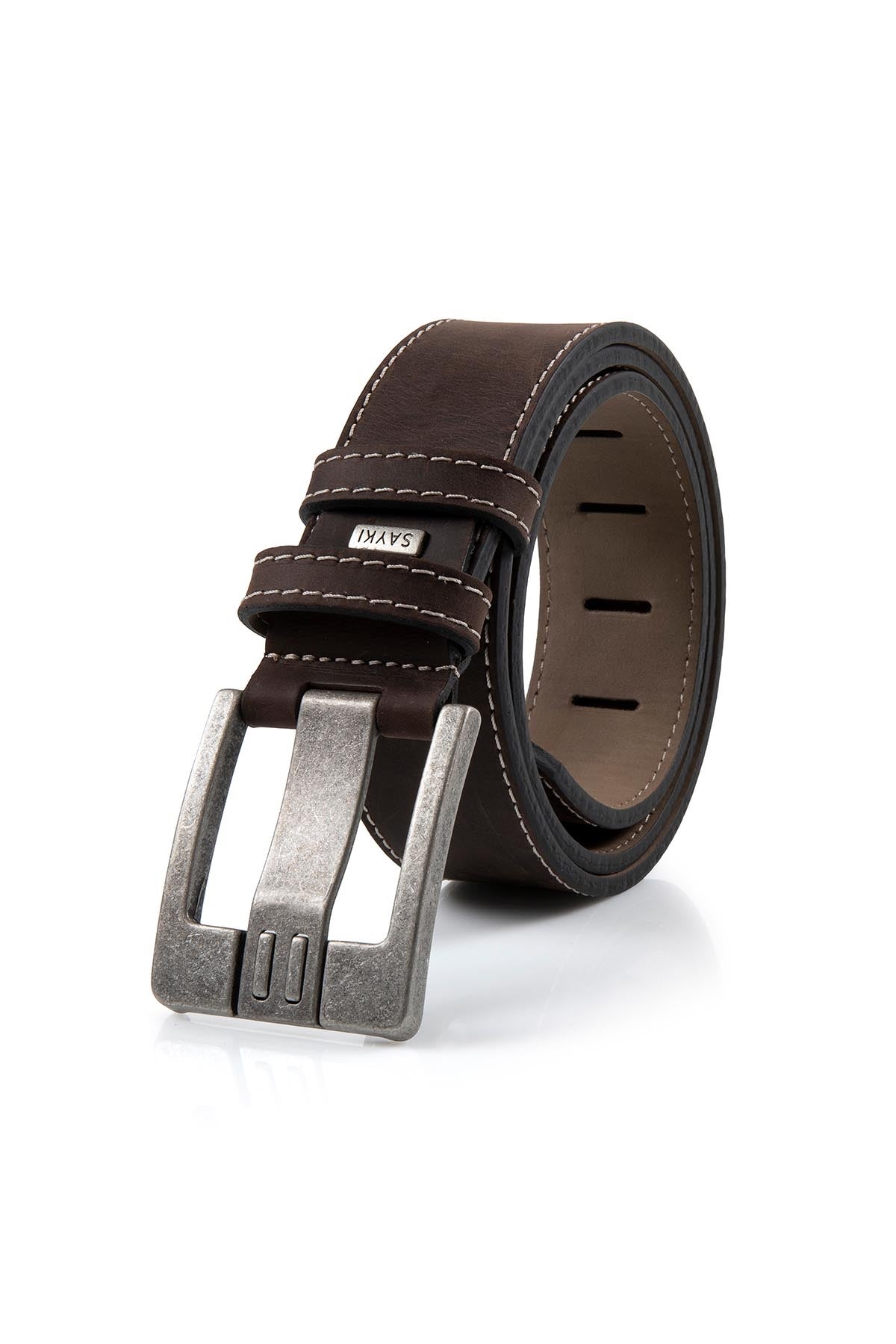 Brown Sport Stitched Wide Prong Leather Belt - MIB