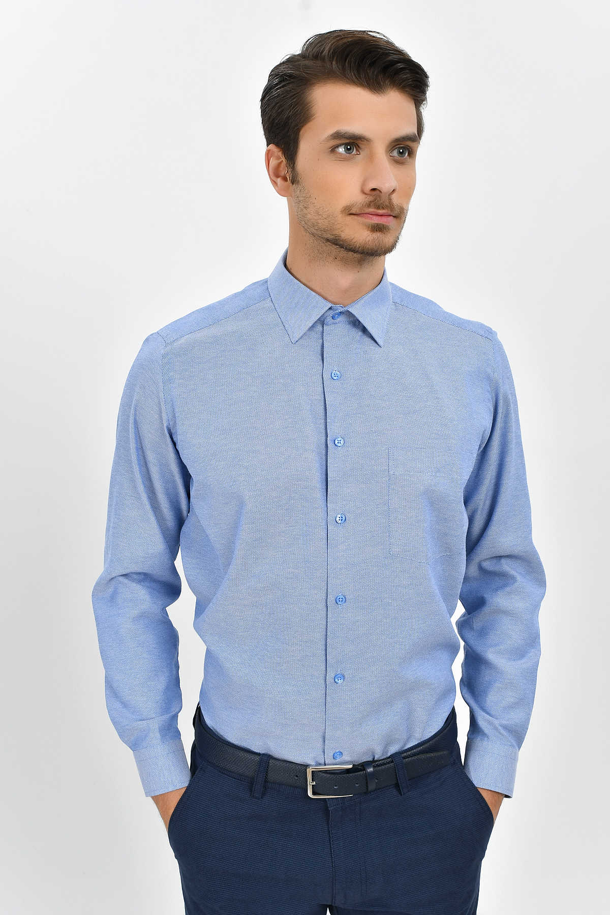 Classic Fit Long Sleeve Cotton Blend Dark Blue Dress Shirt