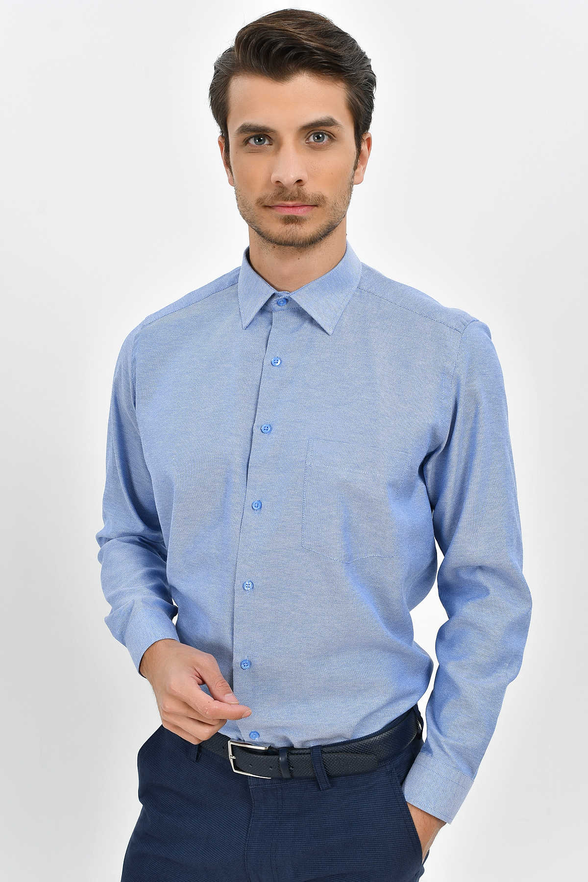 Classic Fit Long Sleeve Cotton Blend Dark Blue Dress Shirt