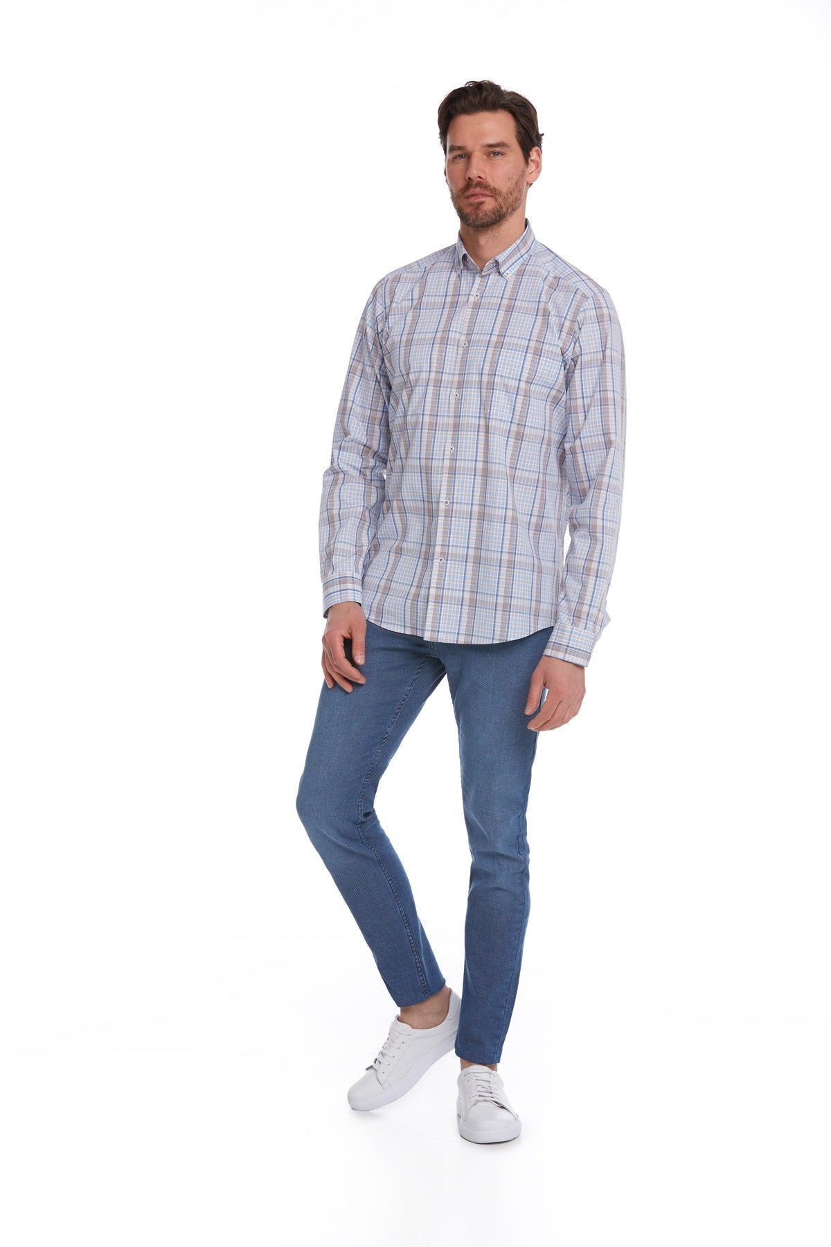 Classic Fit Long Sleeve Cotton Brown Plaid Casual Shirt