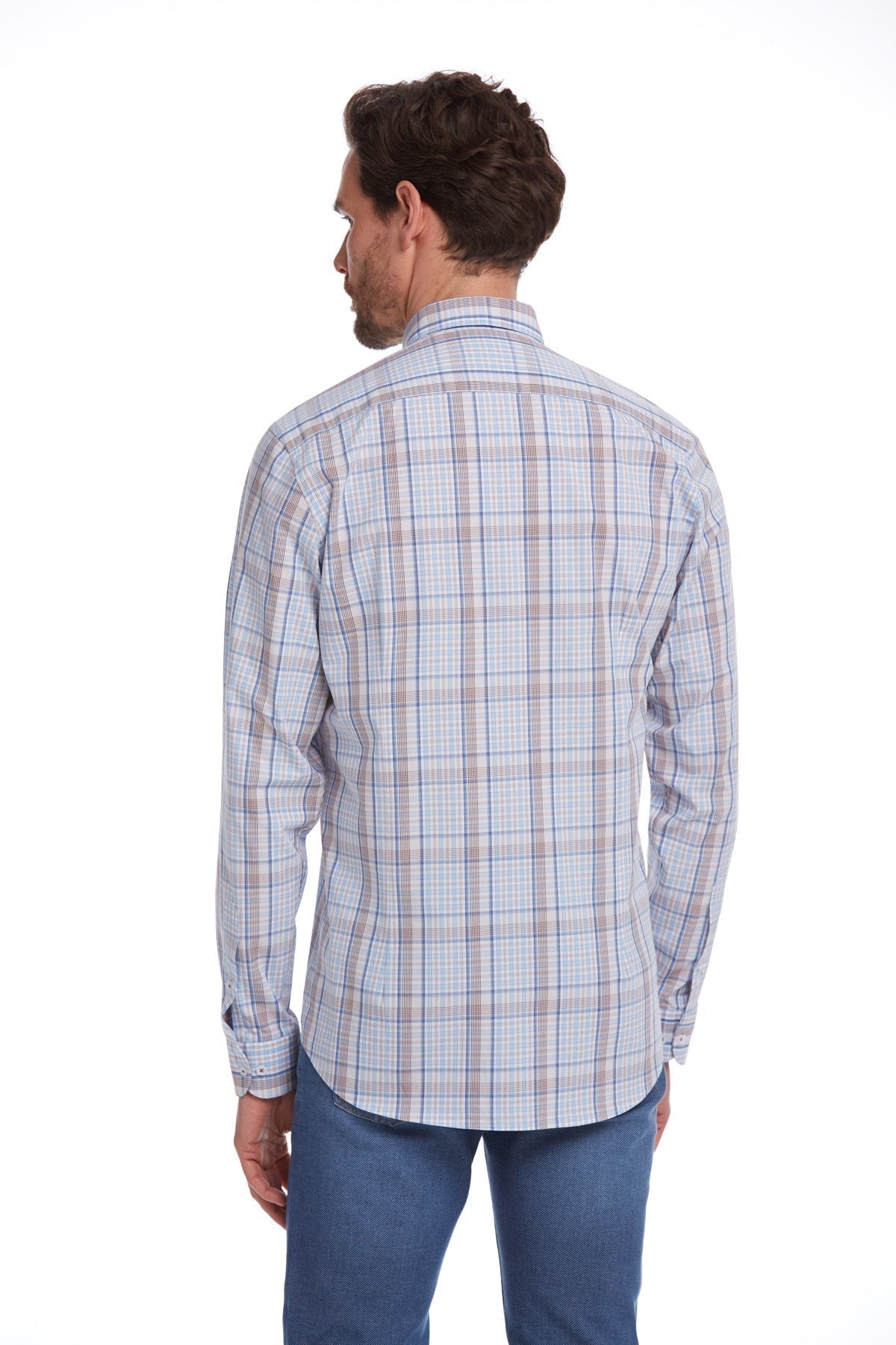 Classic Fit Long Sleeve Cotton Brown Plaid Casual Shirt