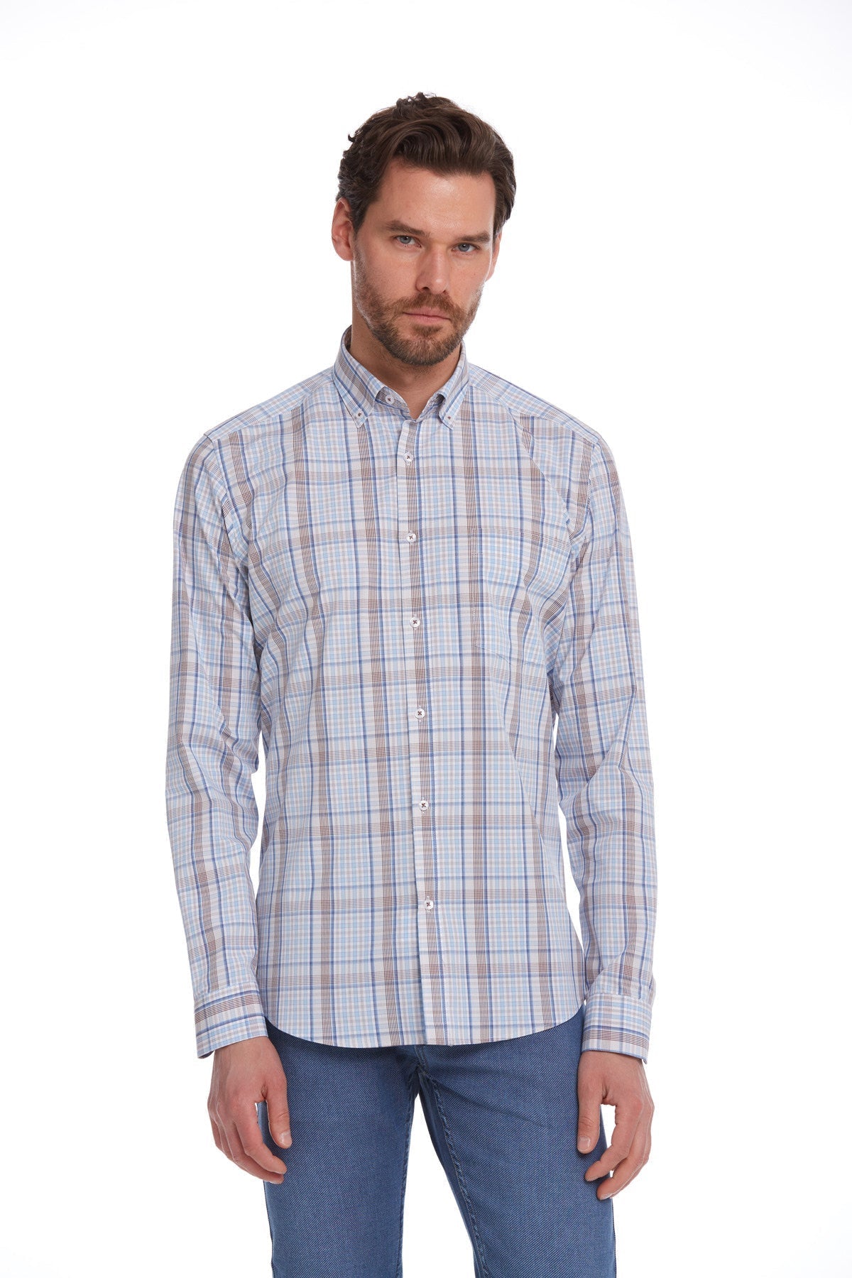 Classic Fit Long Sleeve Cotton Brown Plaid Casual Shirt