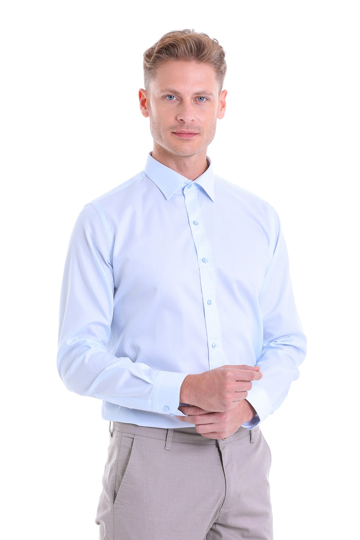 Classic Fit Long Sleeve Cotton Light Blue Dress Shirt - MIB