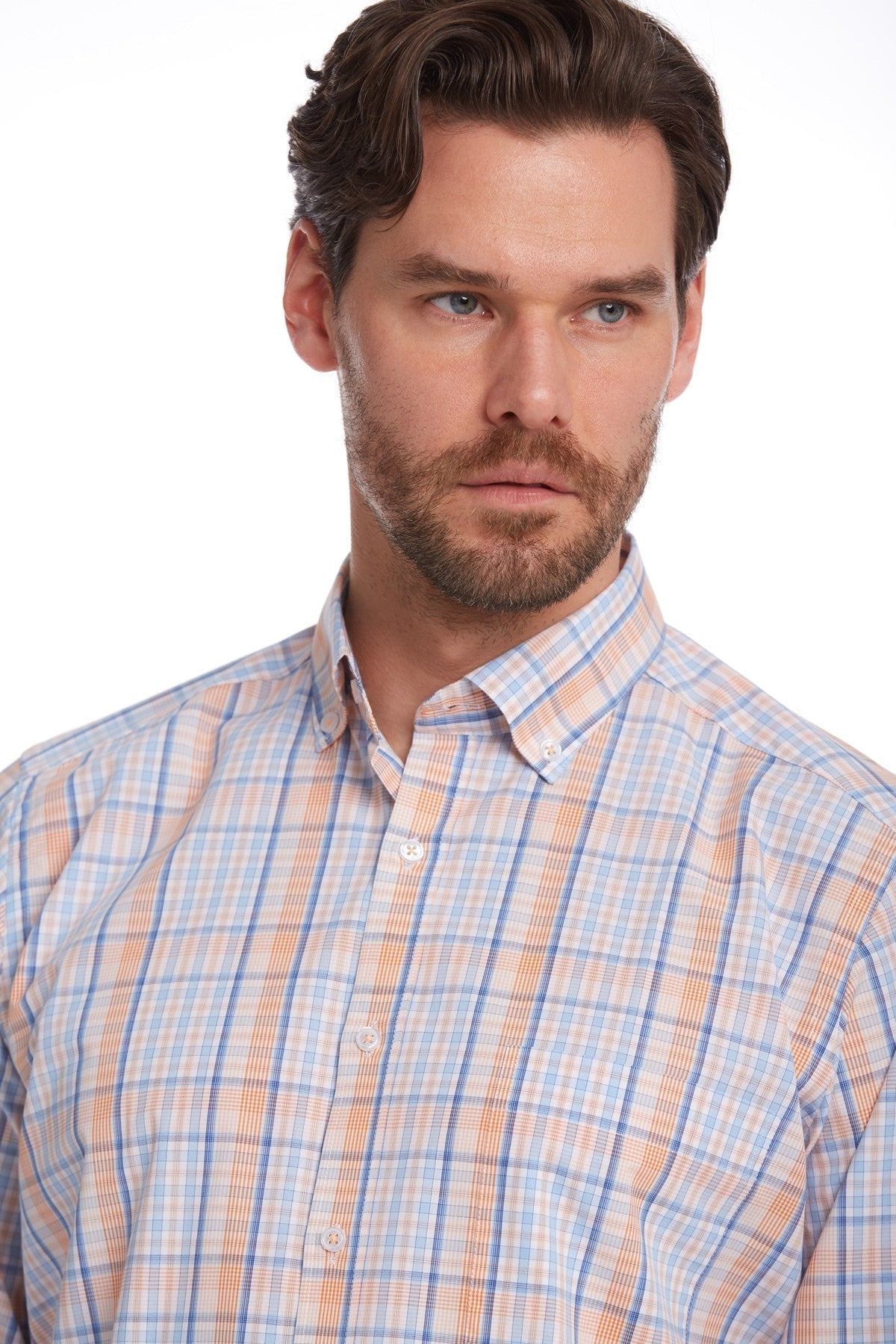 Classic Fit Long Sleeve Cotton Orange Plaid Casual Shirt