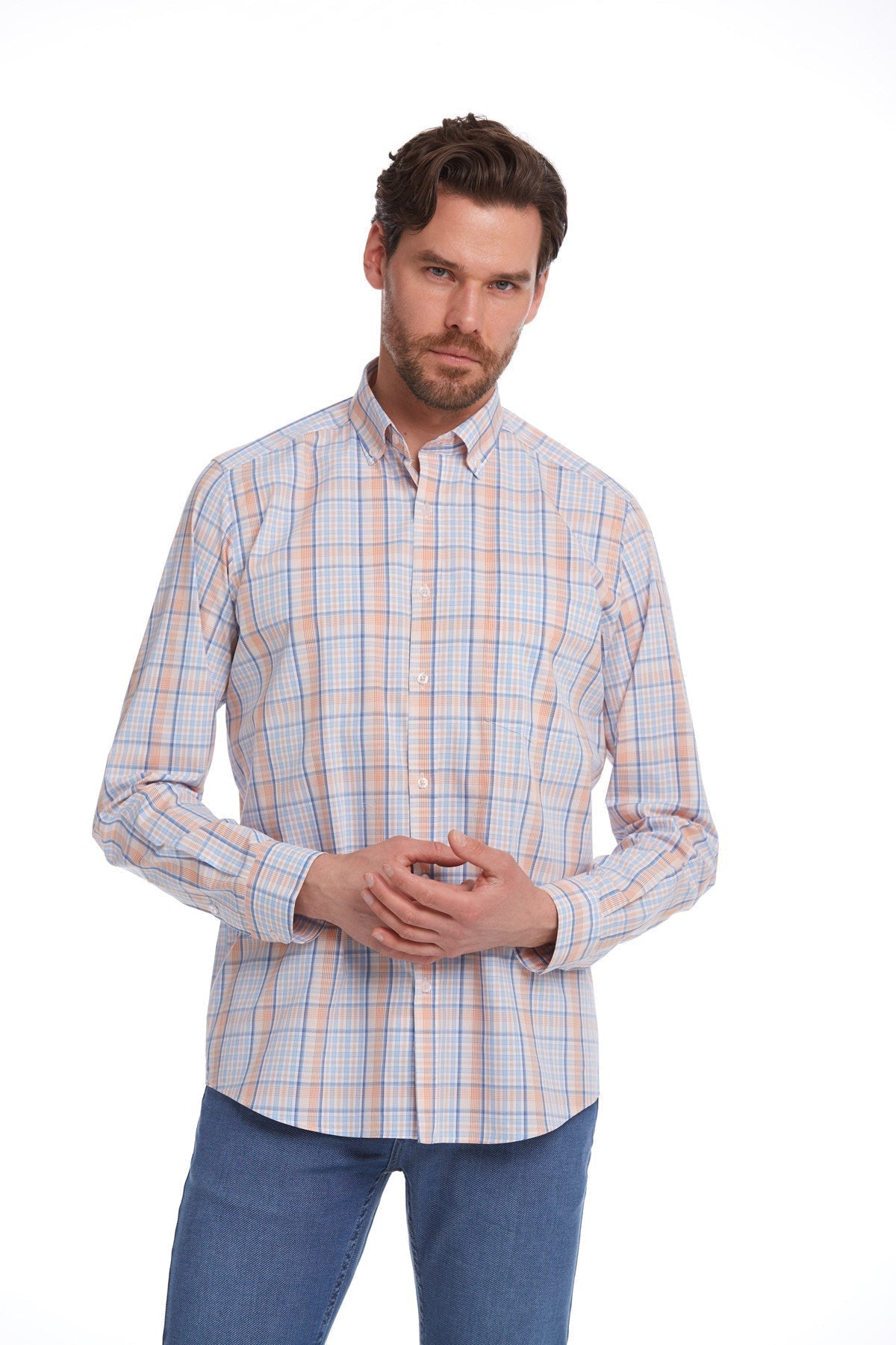 Classic Fit Long Sleeve Cotton Orange Plaid Casual Shirt