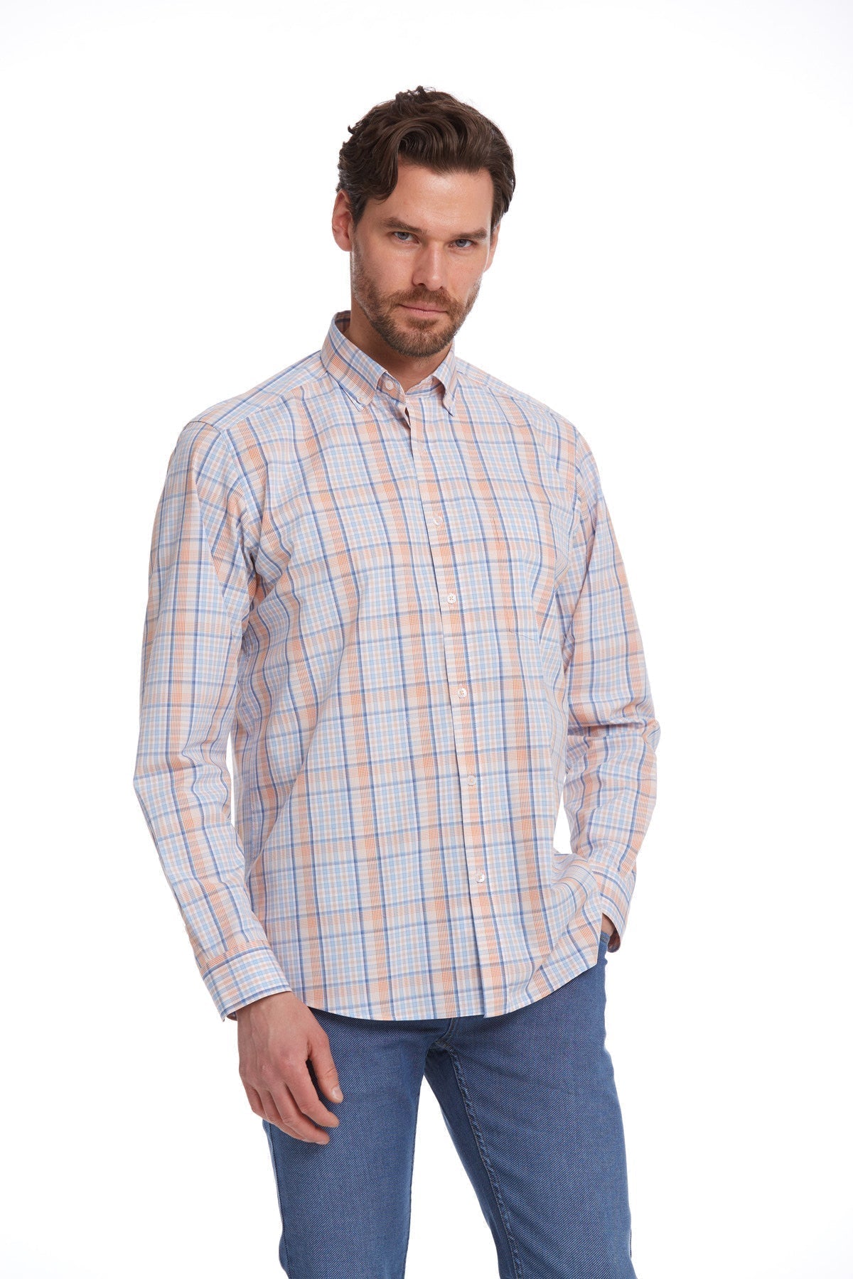 Classic Fit Long Sleeve Cotton Orange Plaid Casual Shirt