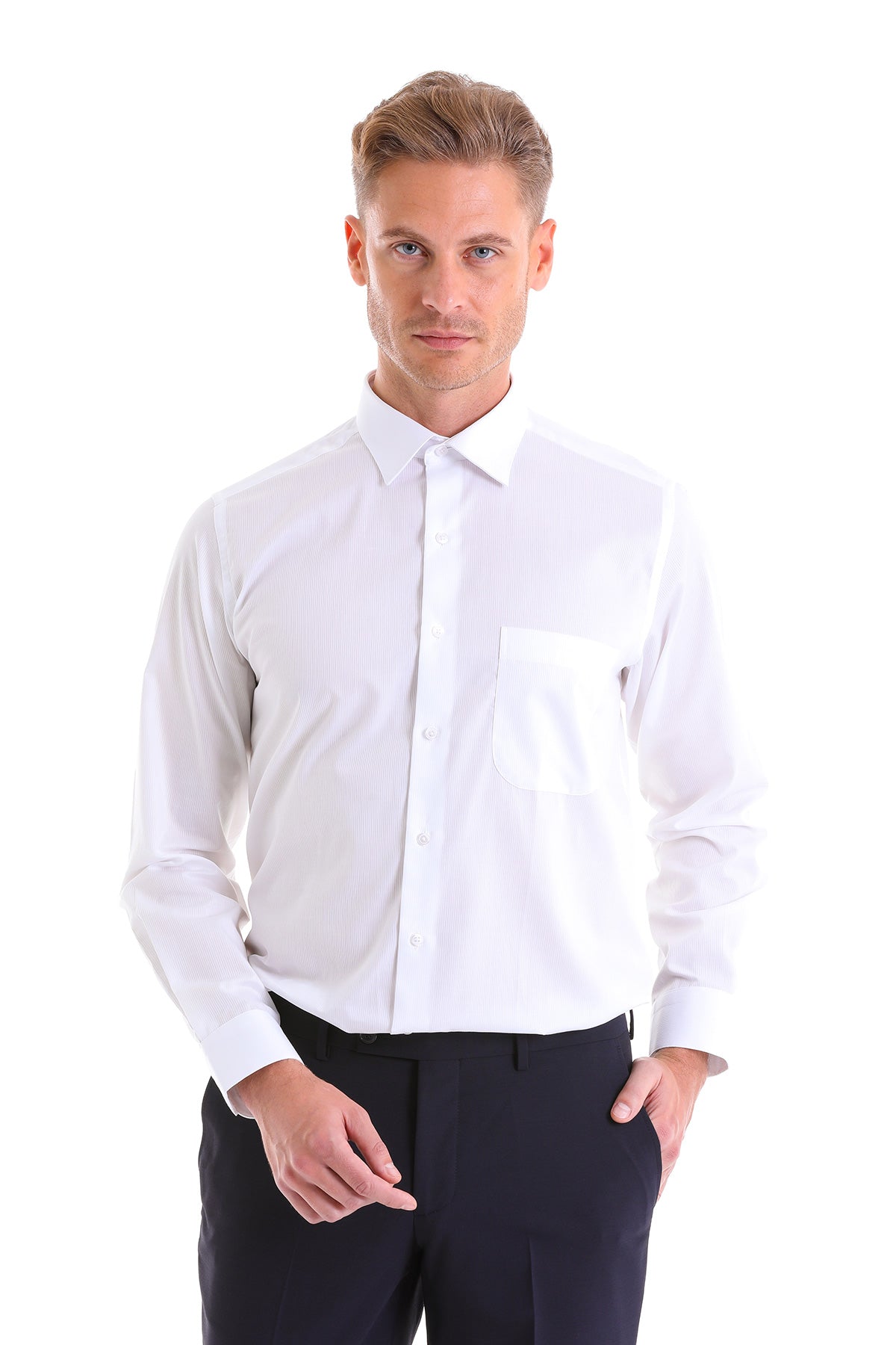 Classic Fit Long Sleeve Patterned Cotton Dress Shirt White