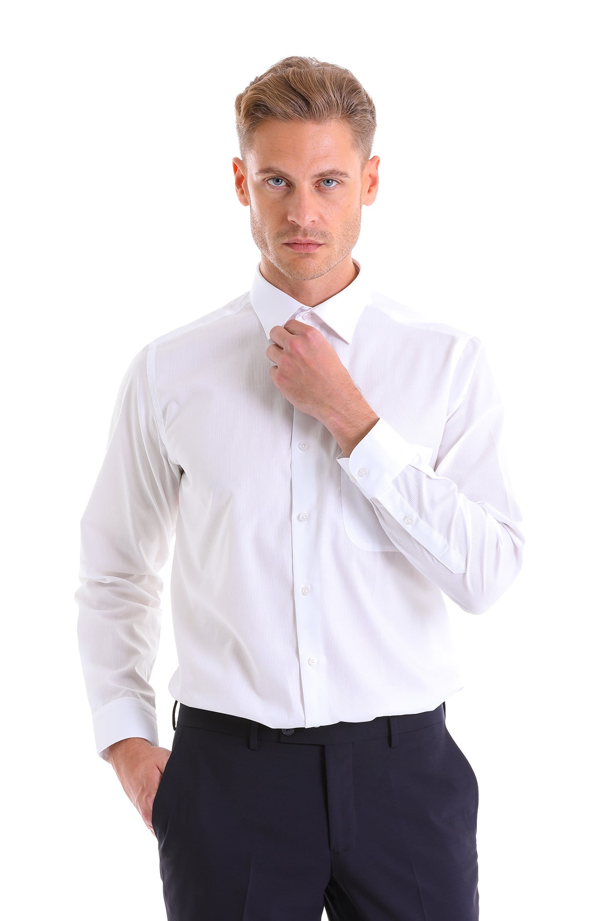 Classic Fit Long Sleeve Patterned Cotton Dress Shirt White