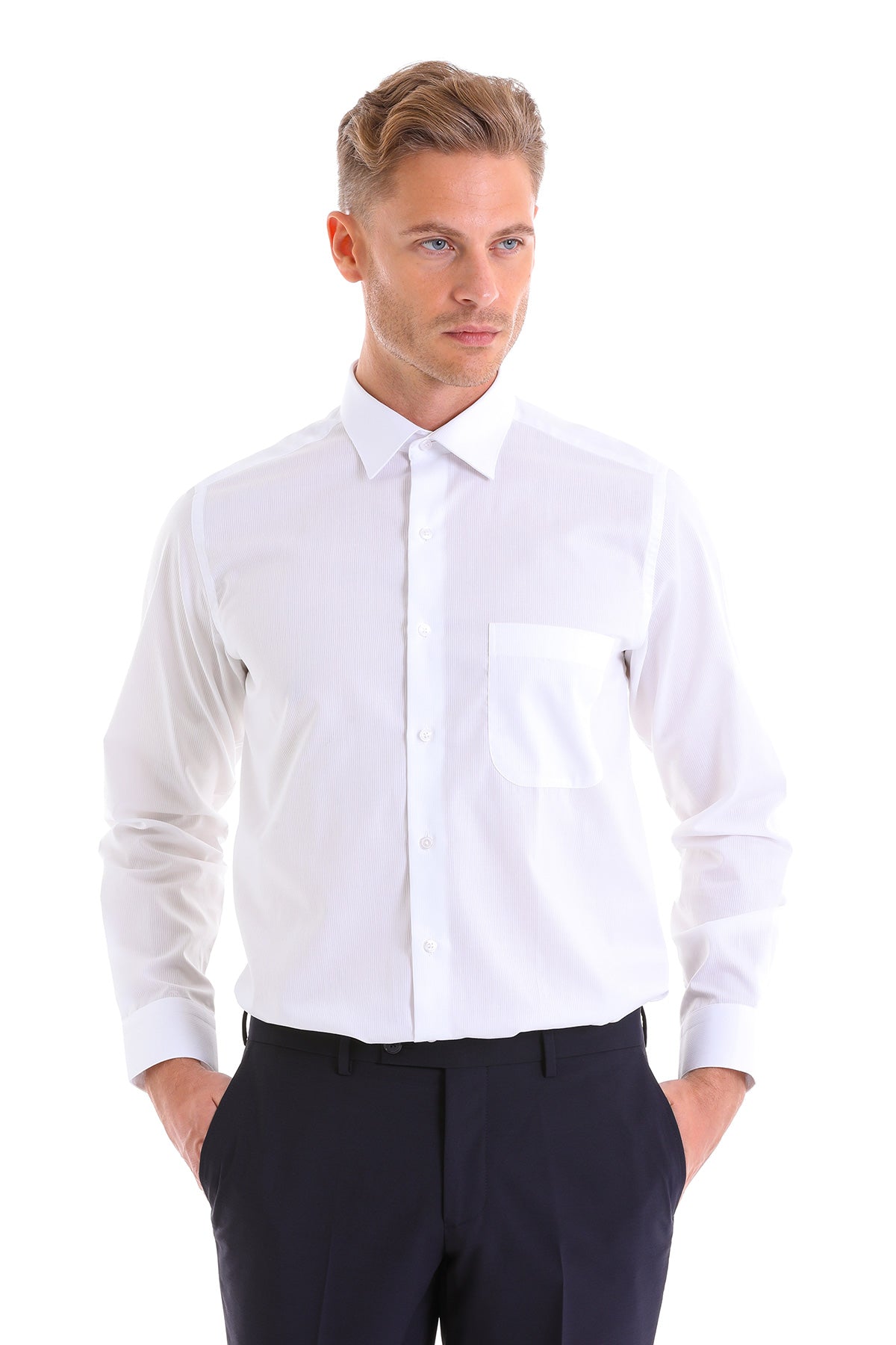 Classic Fit Long Sleeve Patterned Cotton Dress Shirt White