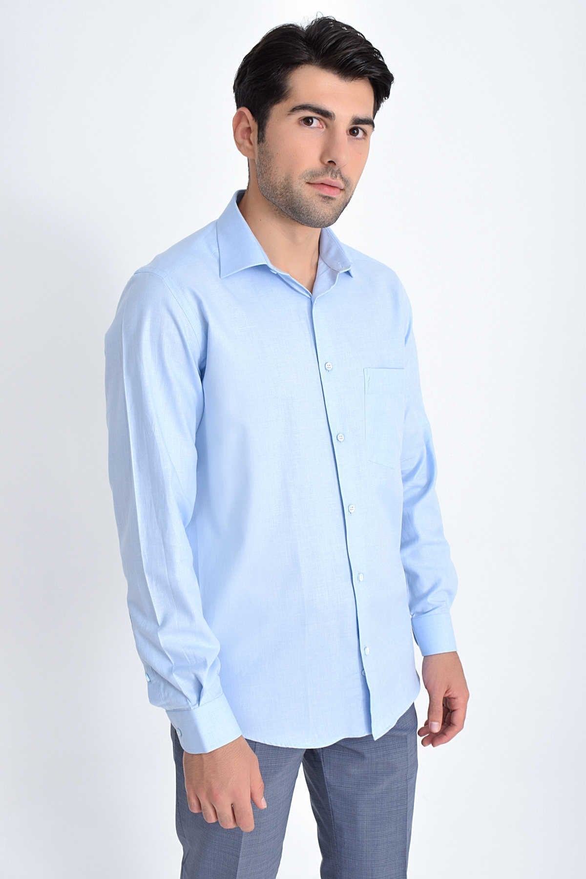 Classic Fit Long Sleeve Plain Cotton Blue Dress Shirt - MIB