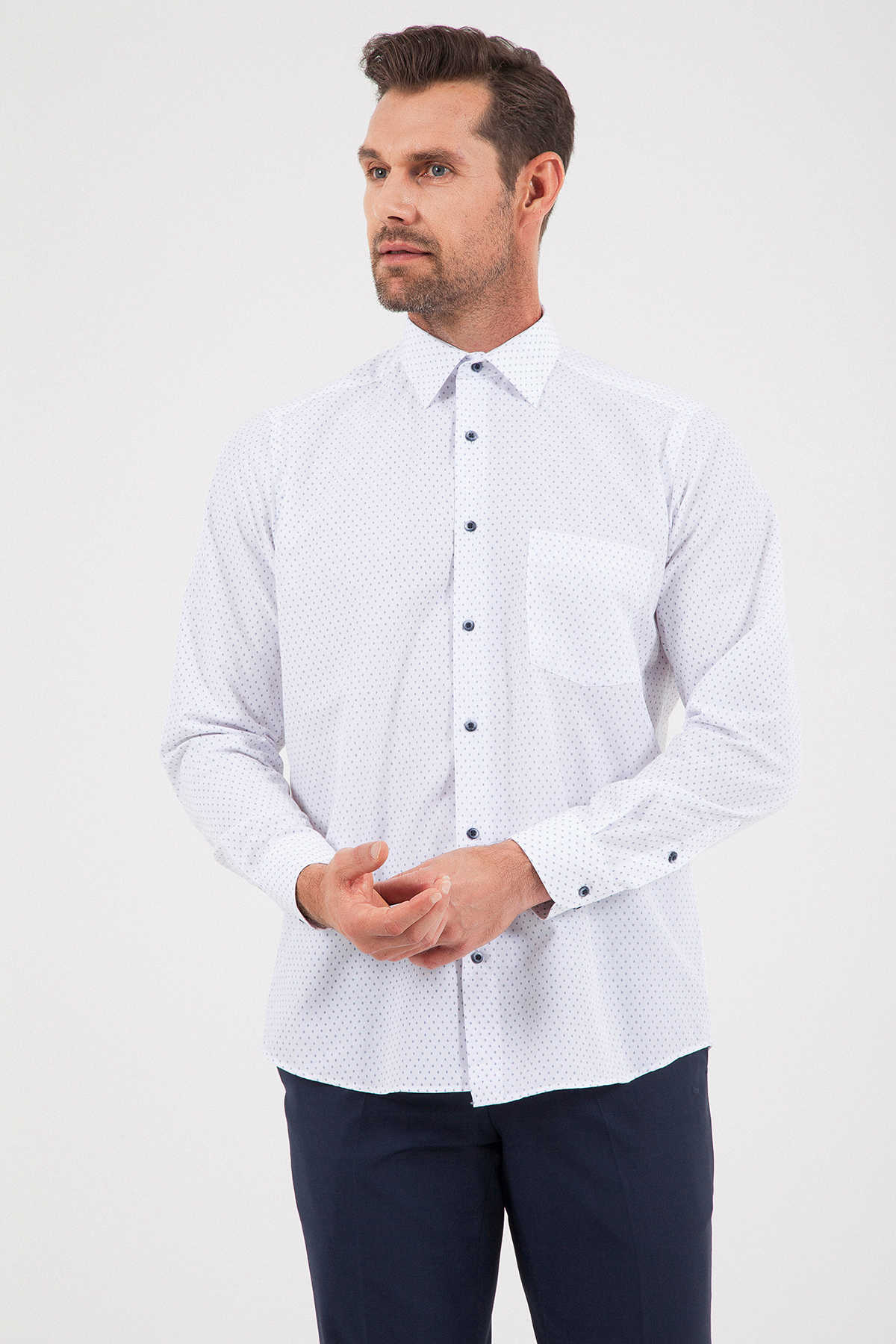 Classic Fit Long Sleeve Printed Cotton Blend Dress Shirt