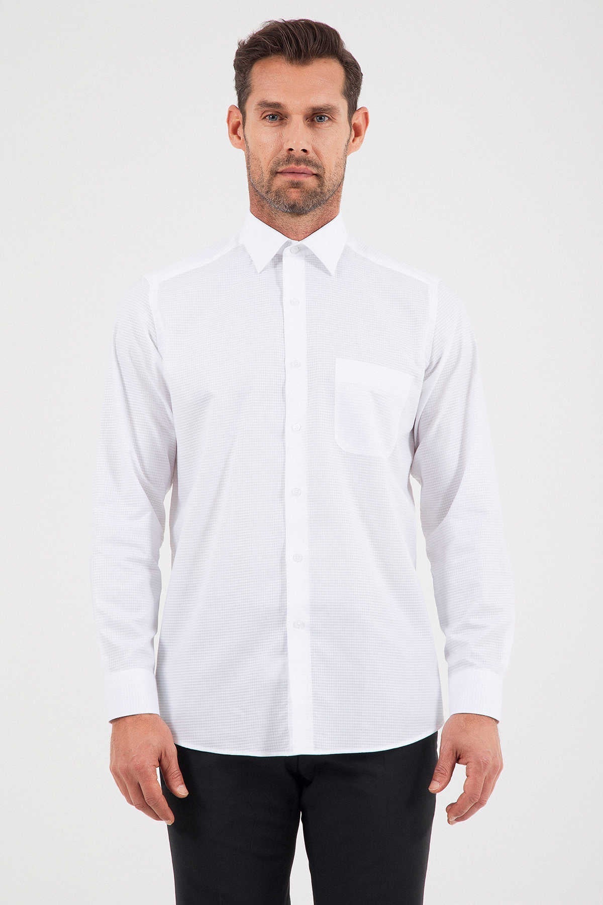 Classic Fit Pin Check Cotton White Dress Shirt - MIB