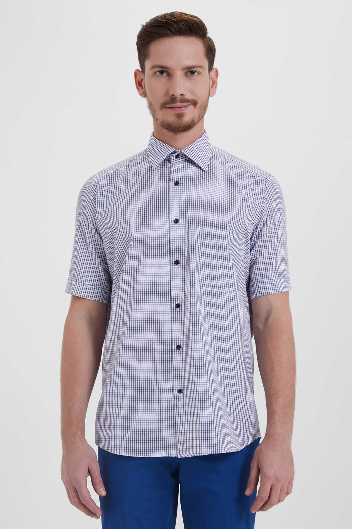 Classic Fit Short Sleeve Checked Cotton Blend Dress Shirt