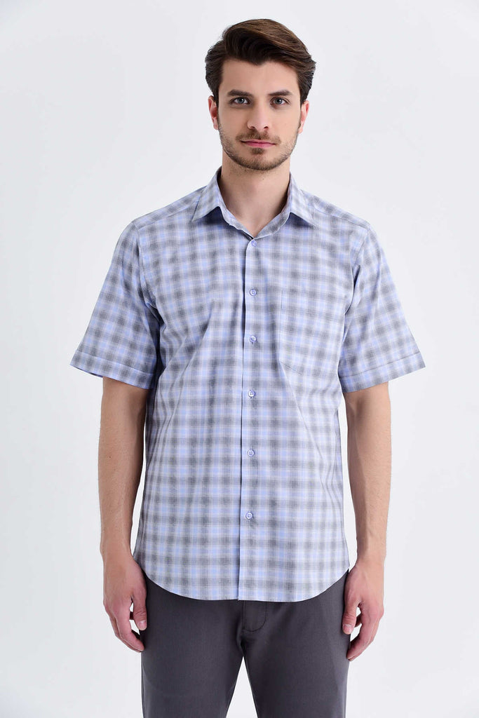 Classic Fit Short Sleeve Checked Cotton Dress Shirt Gray K.