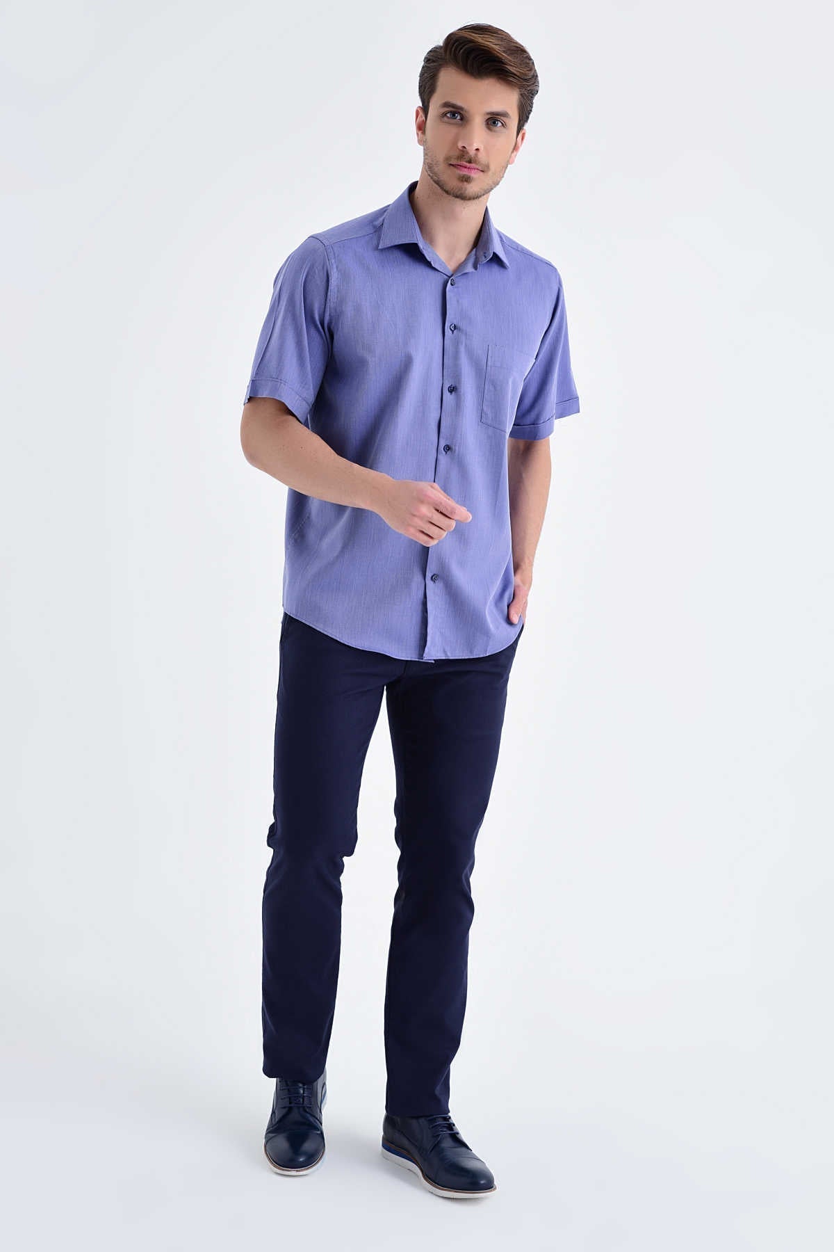 Classic Fit Short Sleeve Cotton Blue Dress Shirt - MIB