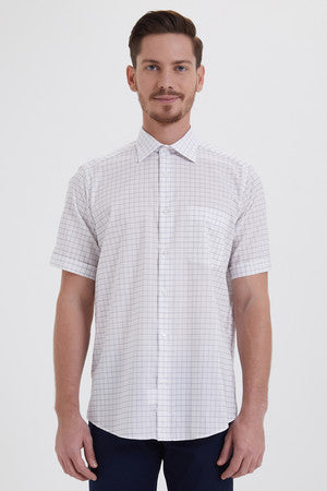 Classic Fit Short Sleeve Plaid Cotton White Dress Shirt