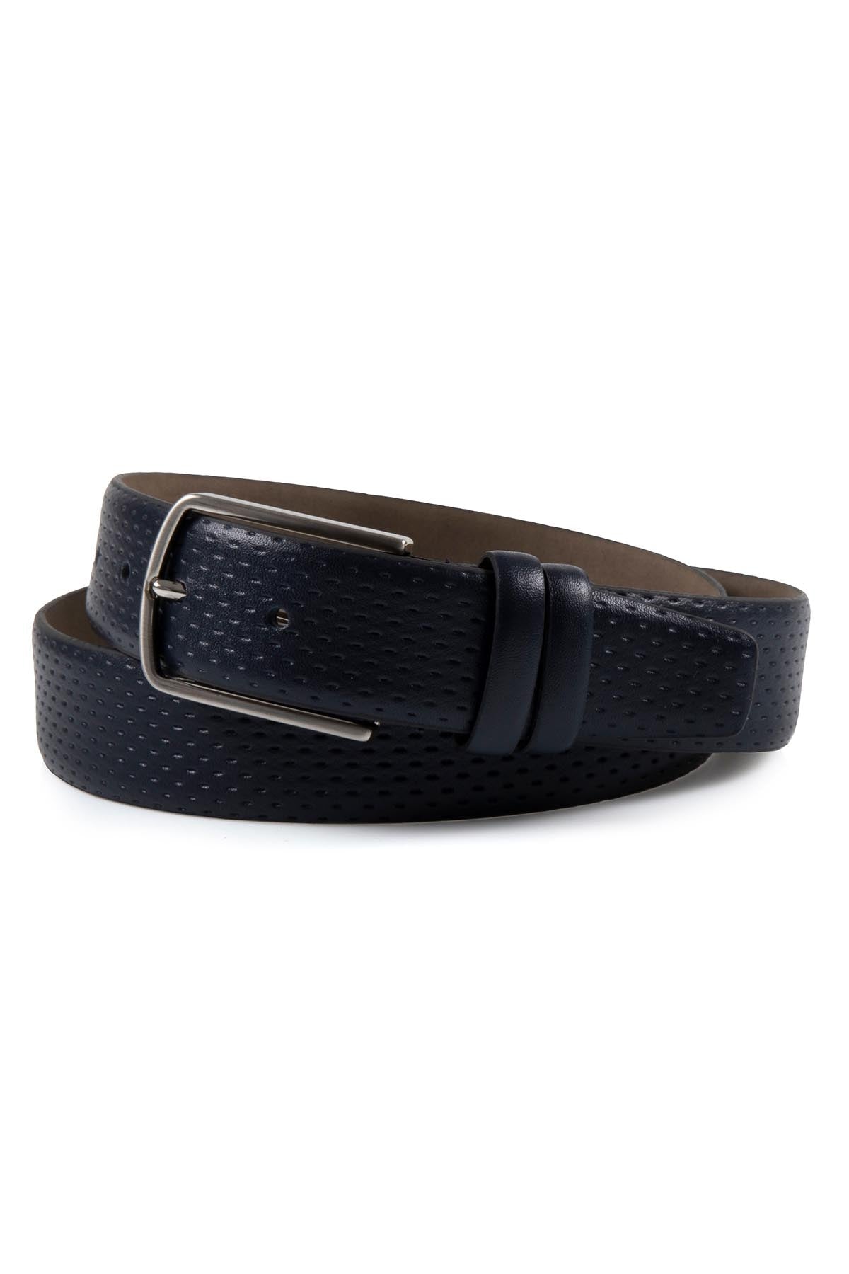 Classic Patterned Leather Brown Belt Navy - MIB