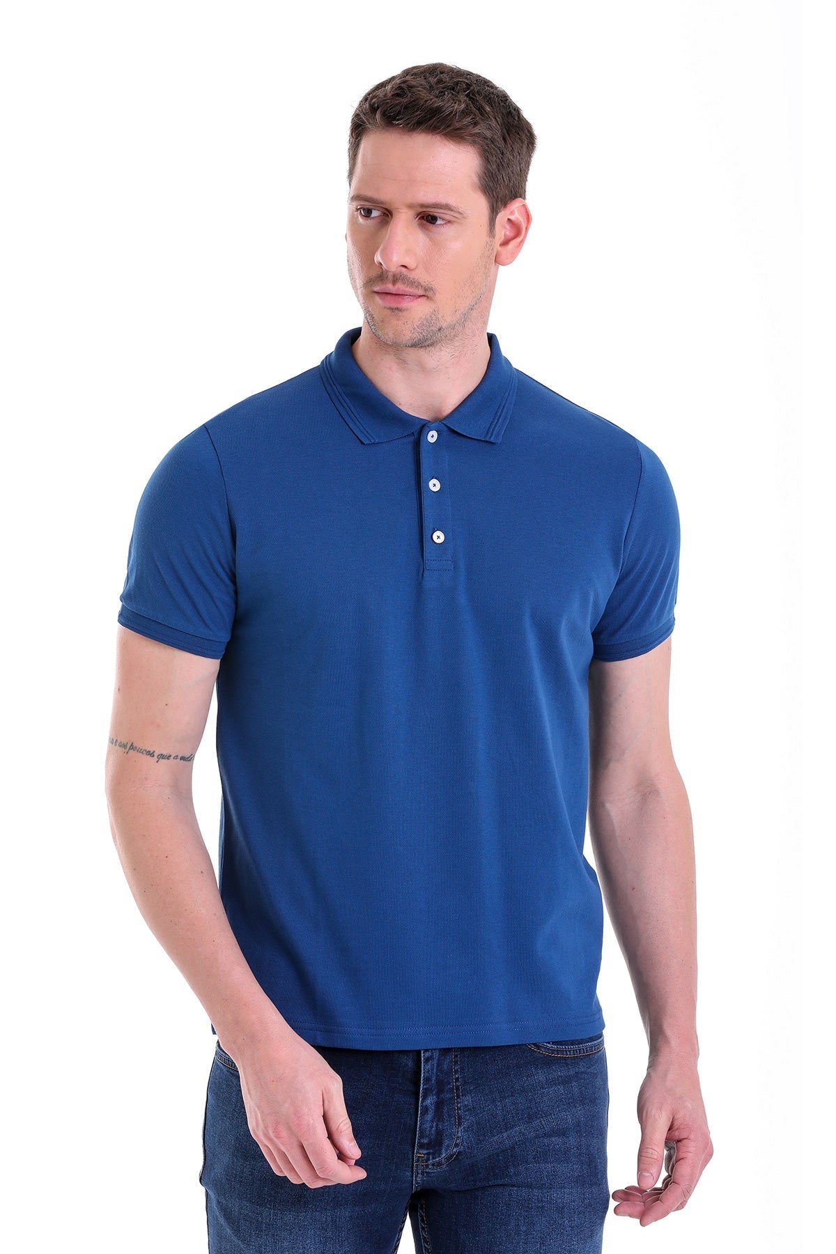 Comfort Fit Basic Plain 100% Cotton Indigo Polo T-Shirt