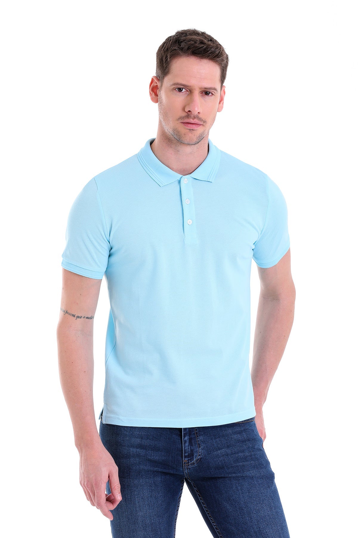 Comfort Fit Basic Plain 100% Cotton Light Blue Polo T-Shirt