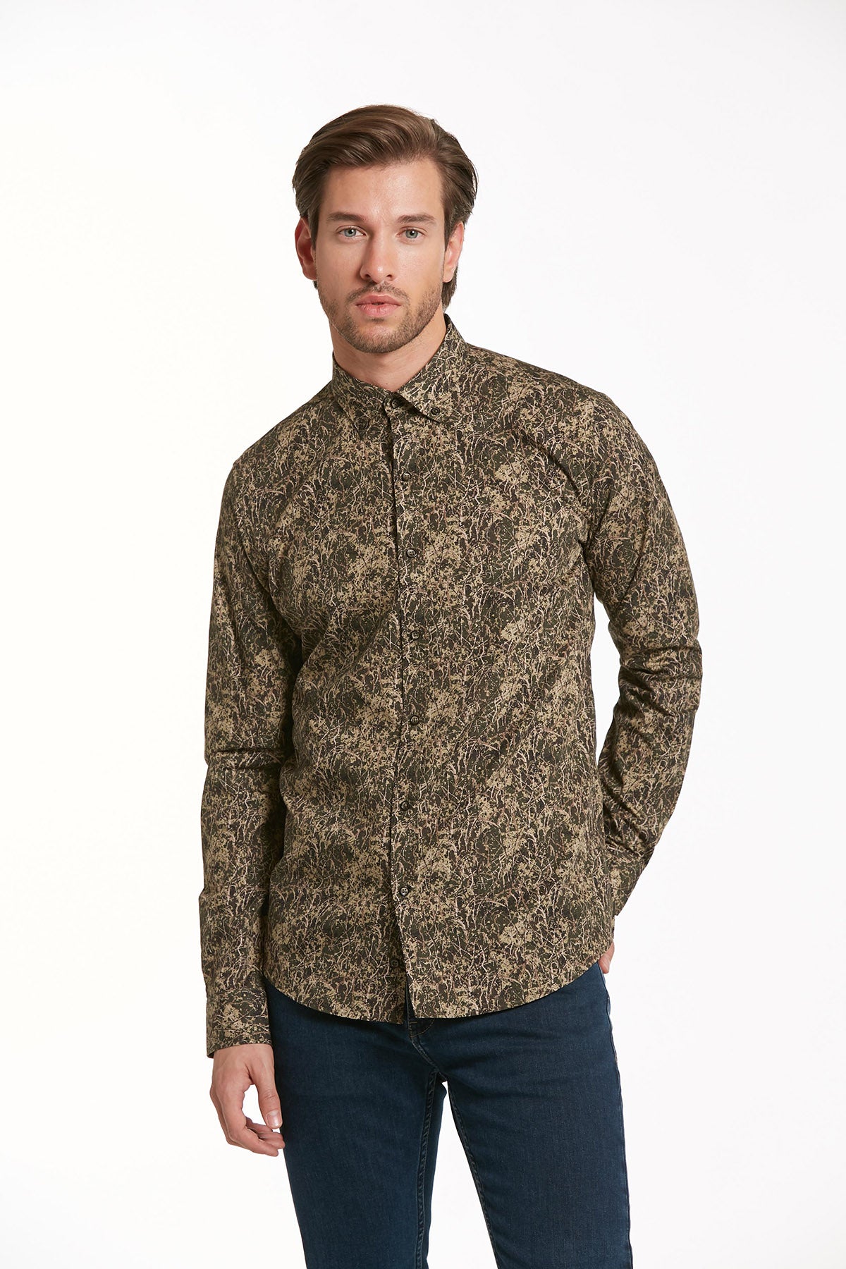 Comfort Fit Brush Stroke Printed Cotton Khaki Casual Shirt