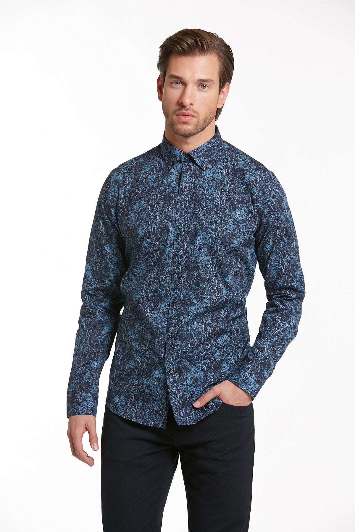 Comfort Fit Brush Stroke Printed Cotton Navy Casual Shirt