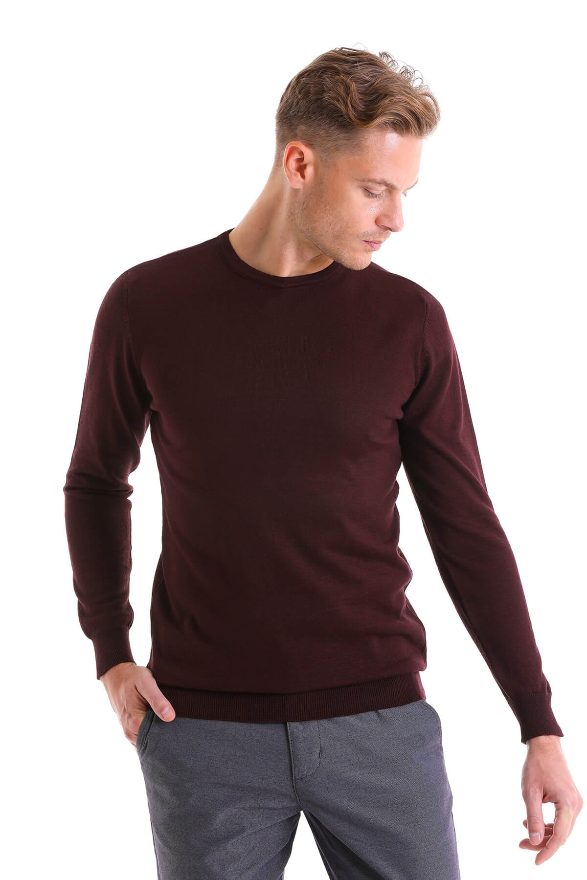 Comfort Fit Burgundy Wool Blend Crew Neck Sweater - MIB