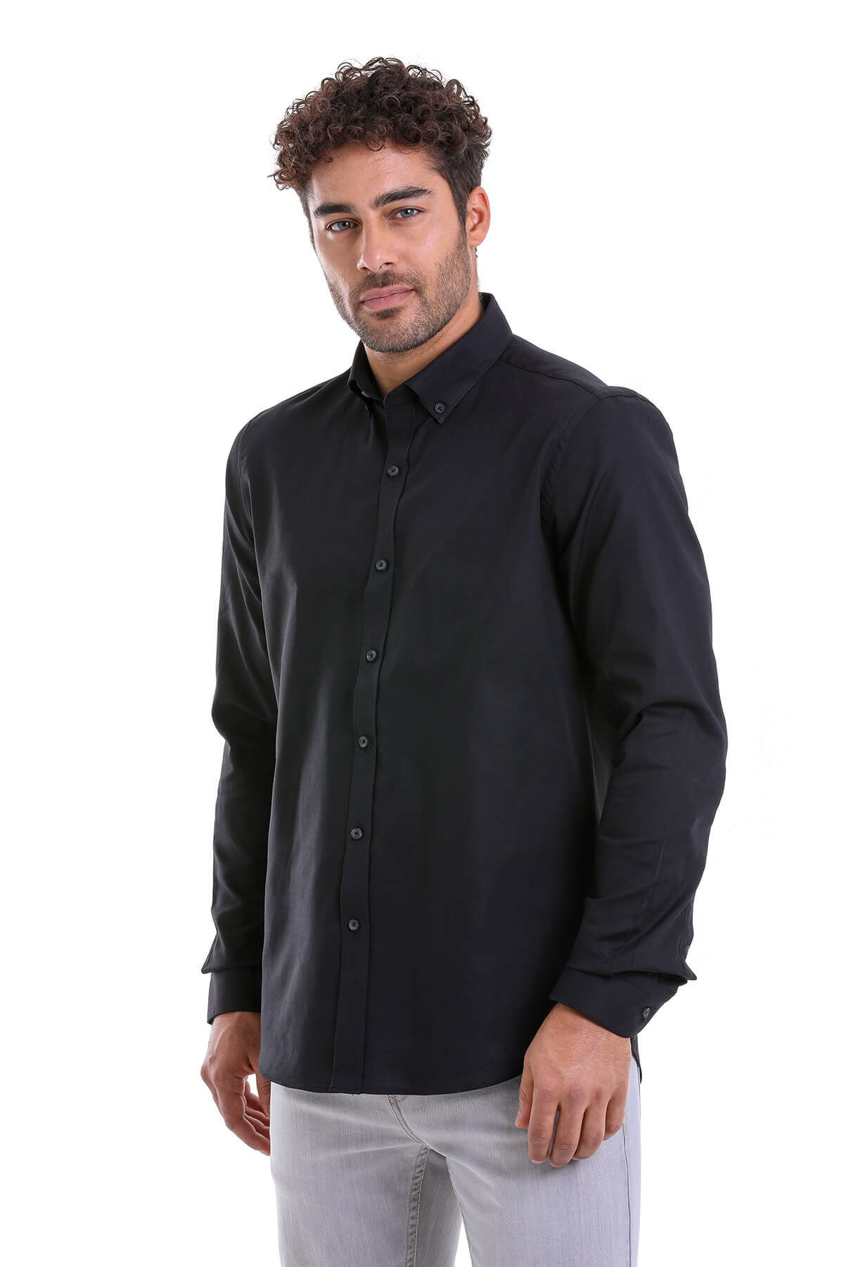 Comfort Fit Button-Down Collar Cotton Black Casual Shirt