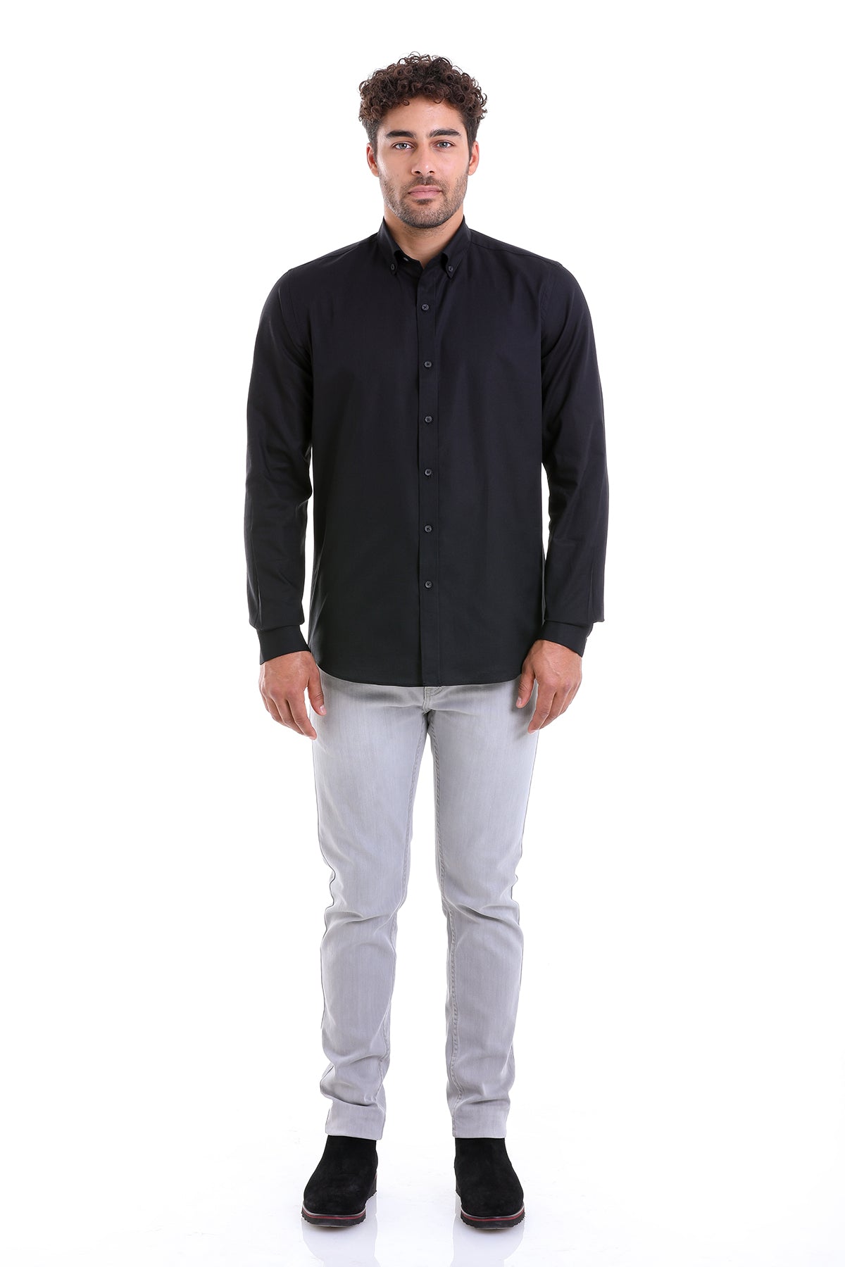 Comfort Fit Button-Down Collar Cotton Black Casual Shirt