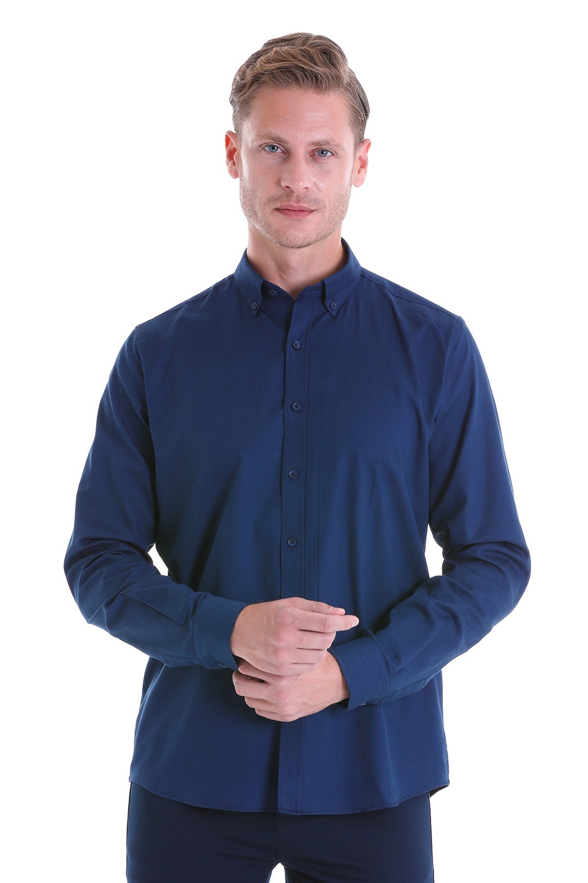 Comfort Fit Button-Down Collar Cotton Navy Casual Shirt