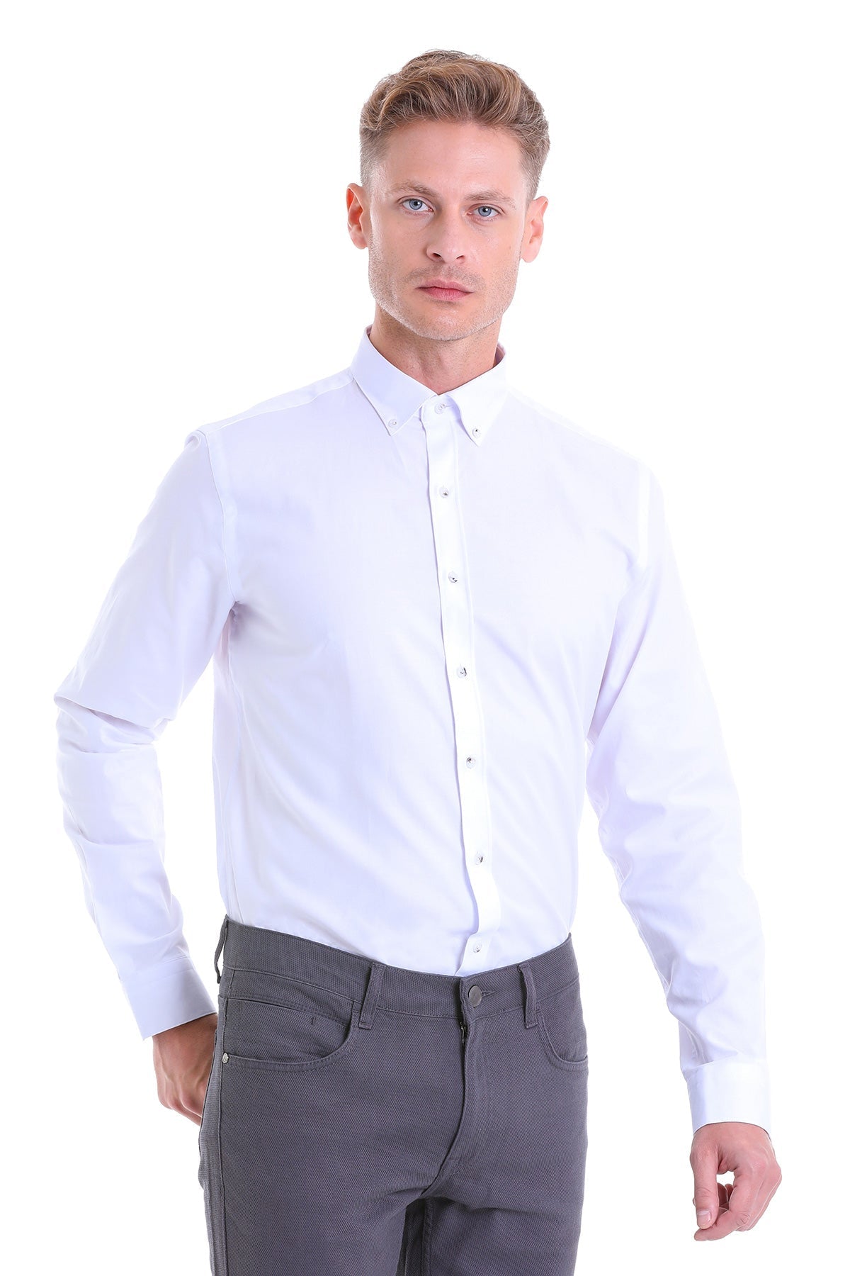 Comfort Fit Button-Down Collar Cotton White Casual Shirt