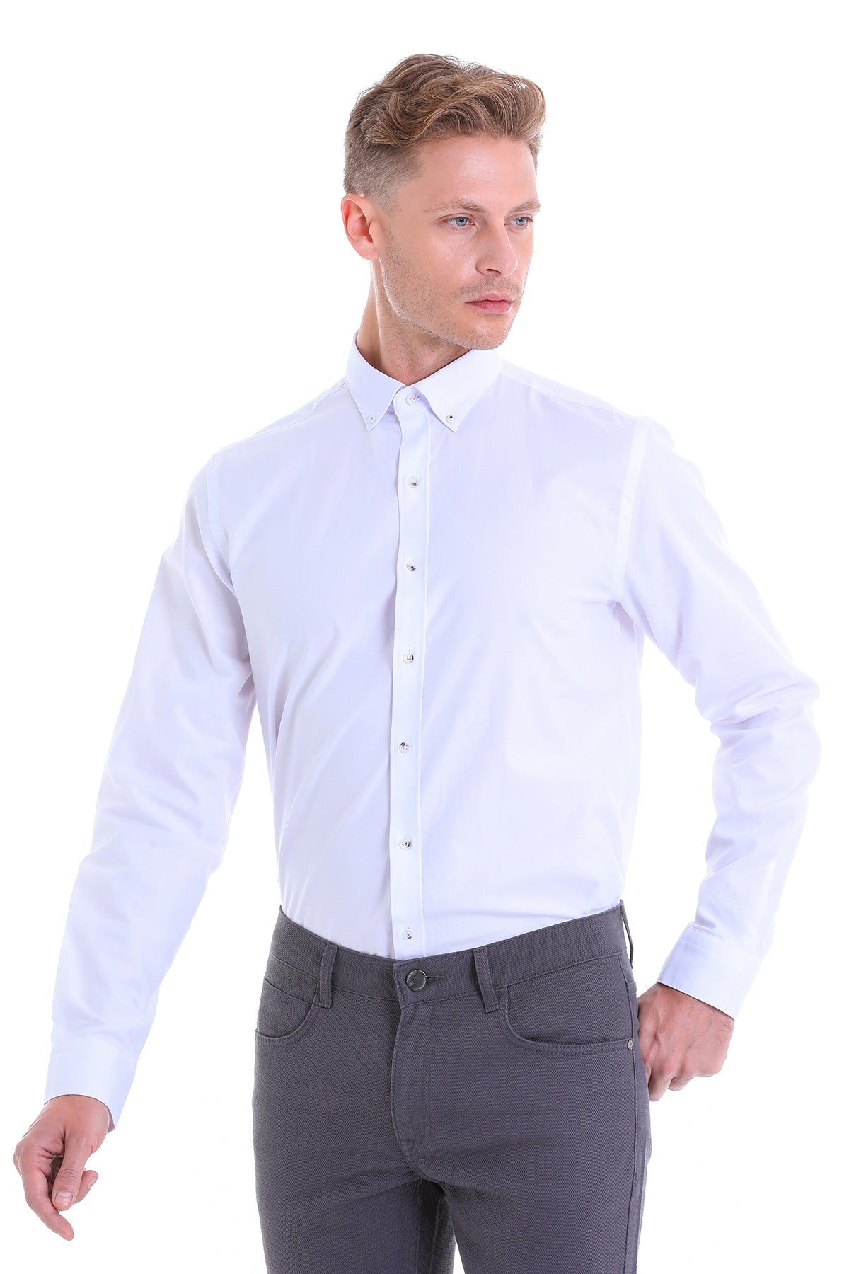 Comfort Fit Button-Down Collar Cotton White Casual Shirt