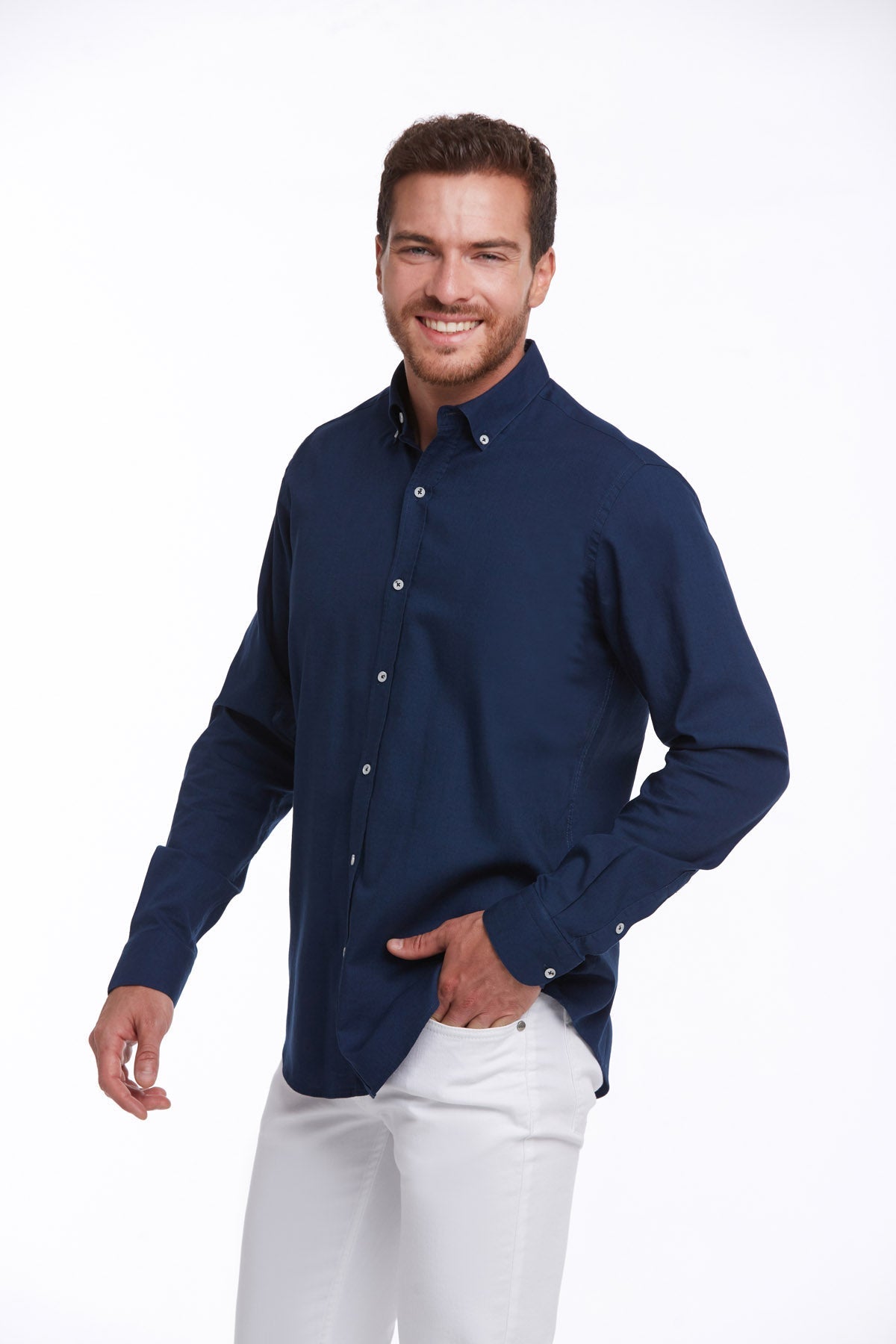 Comfort Fit Button-Down Long Sleeve Cotton Navy Casual