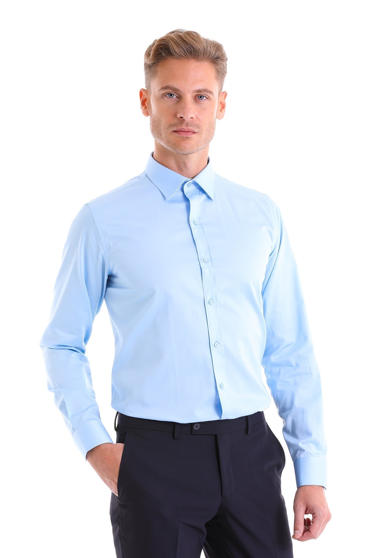 Comfort Fit Classic Collar Cotton Light Blue Dress Shirt