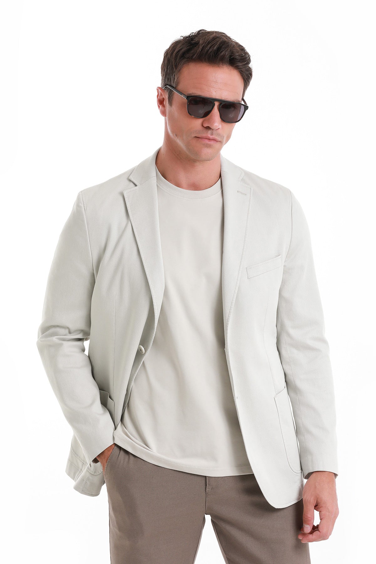 Comfort Fit Cotton Blend Light Gray Classic Blazer - Sayki