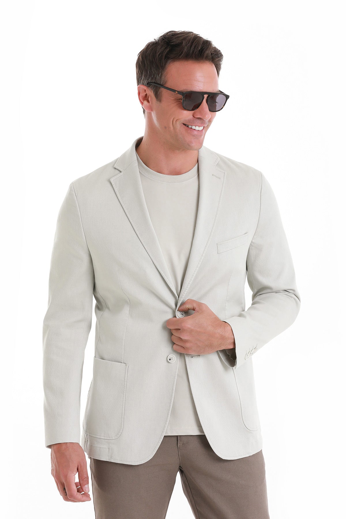 Comfort Fit Cotton Blend Light Gray Classic Blazer - Sayki