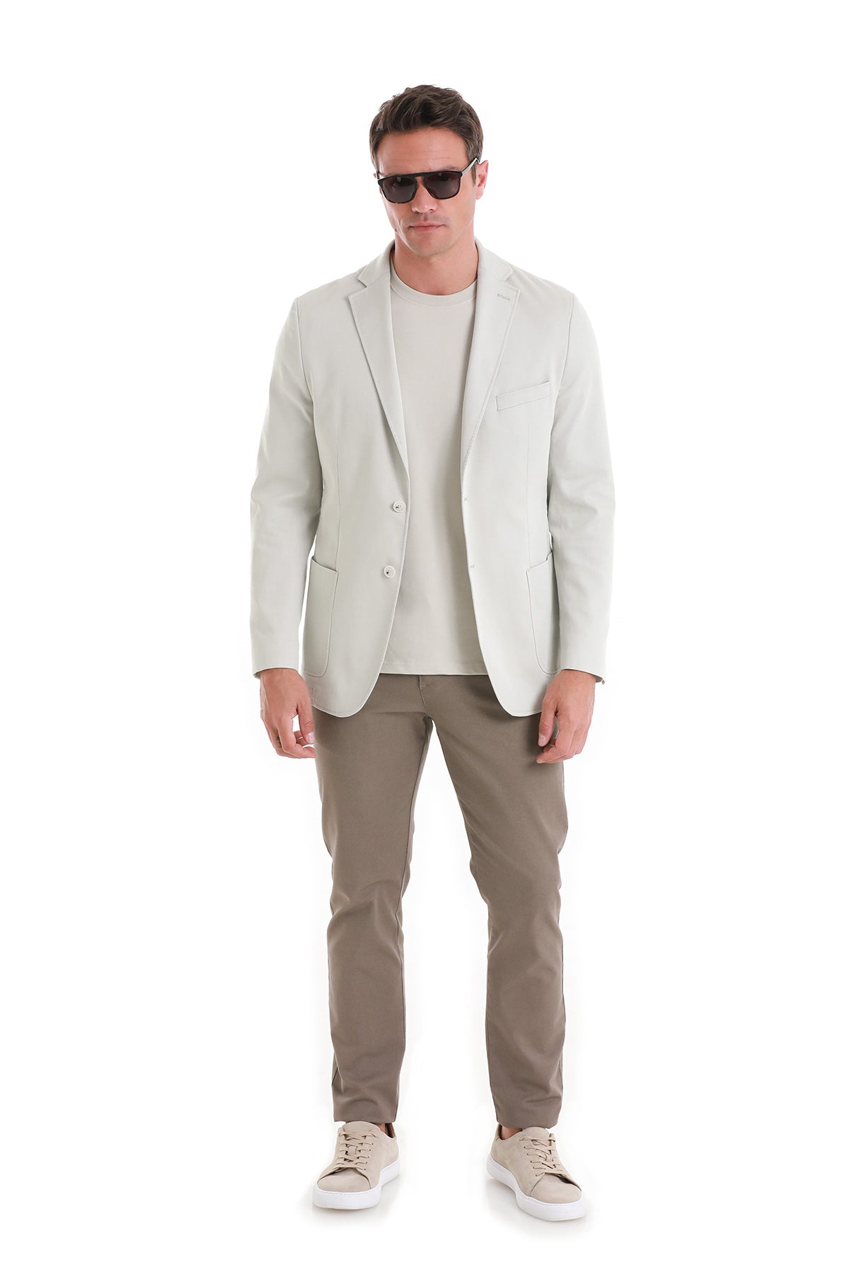 Comfort Fit Cotton Blend Light Gray Classic Blazer - Sayki