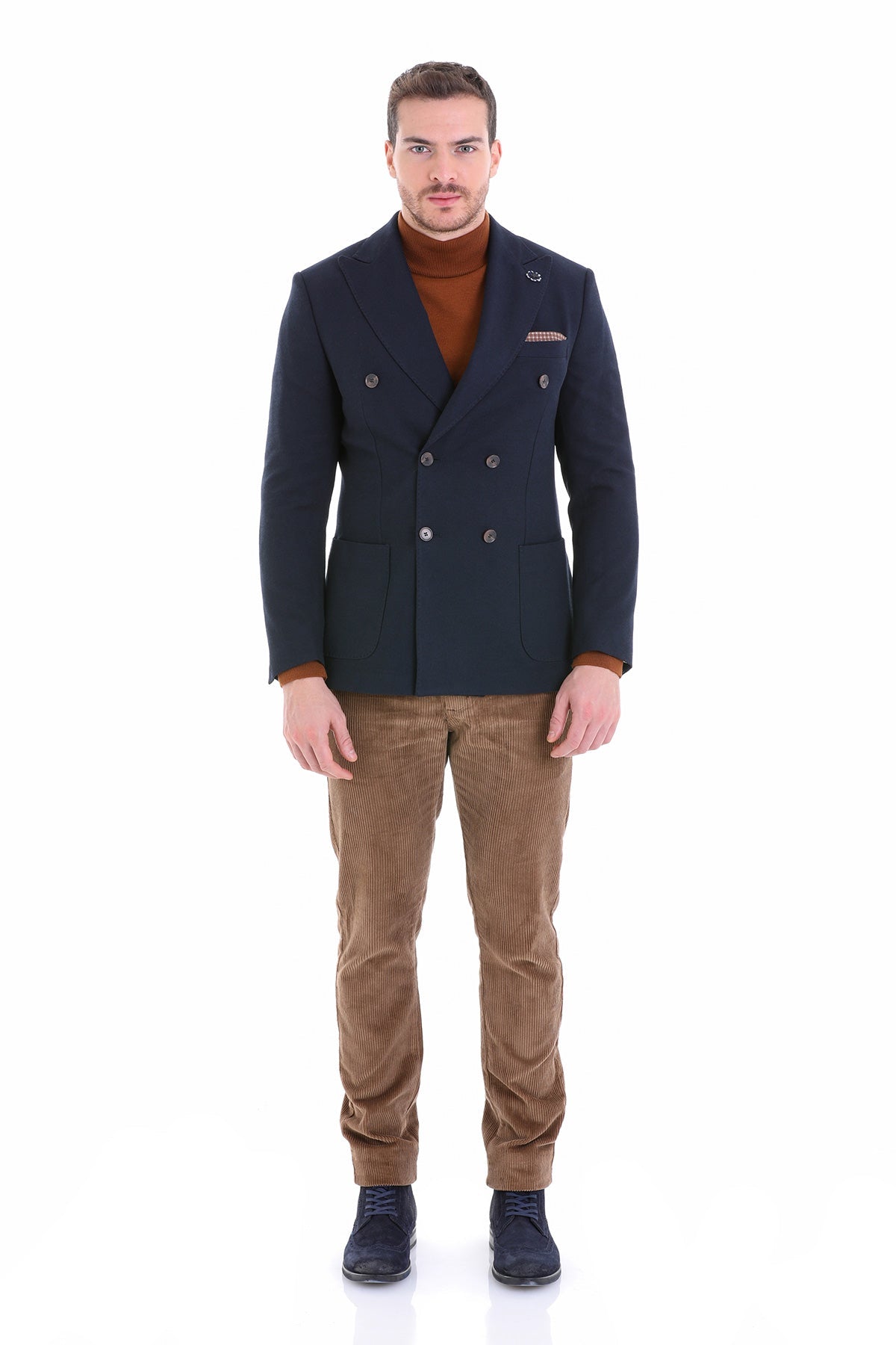 Comfort Fit Double Breasted Wool Blend Navy Casual Blazer