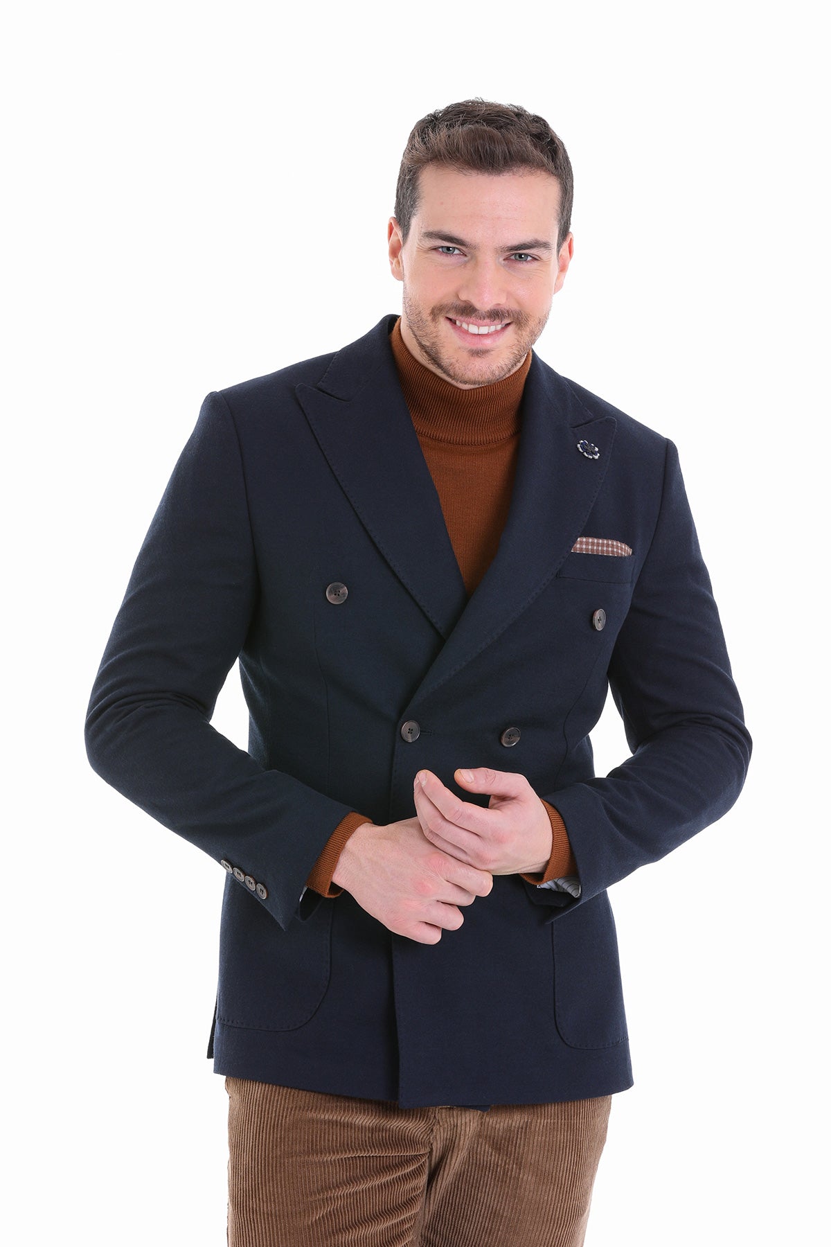 Comfort Fit Double Breasted Wool Blend Navy Casual Blazer