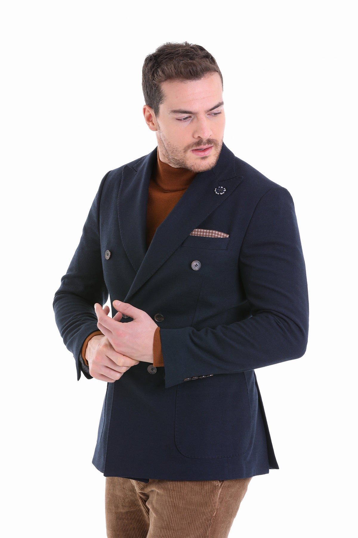 Comfort Fit Double Breasted Wool Blend Navy Casual Blazer