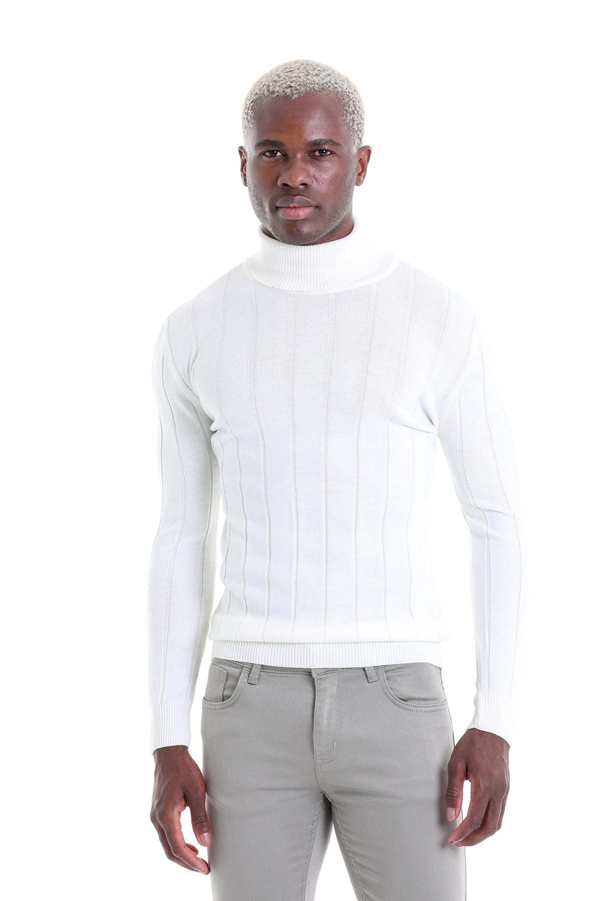 Comfort Fit Drop Needle Wool Blend Ecru Turtleneck Sweater