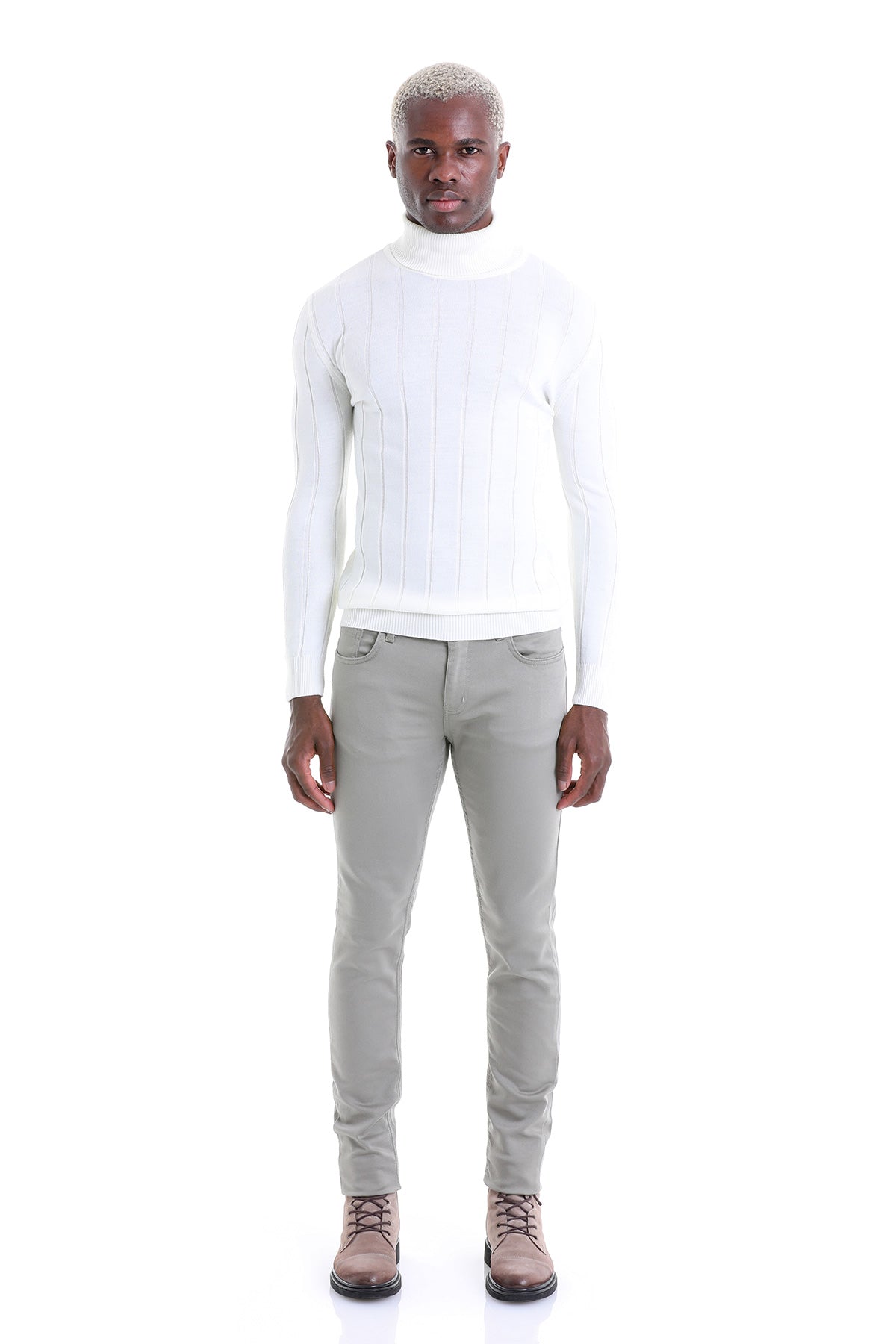 Comfort Fit Drop Needle Wool Blend Ecru Turtleneck Sweater