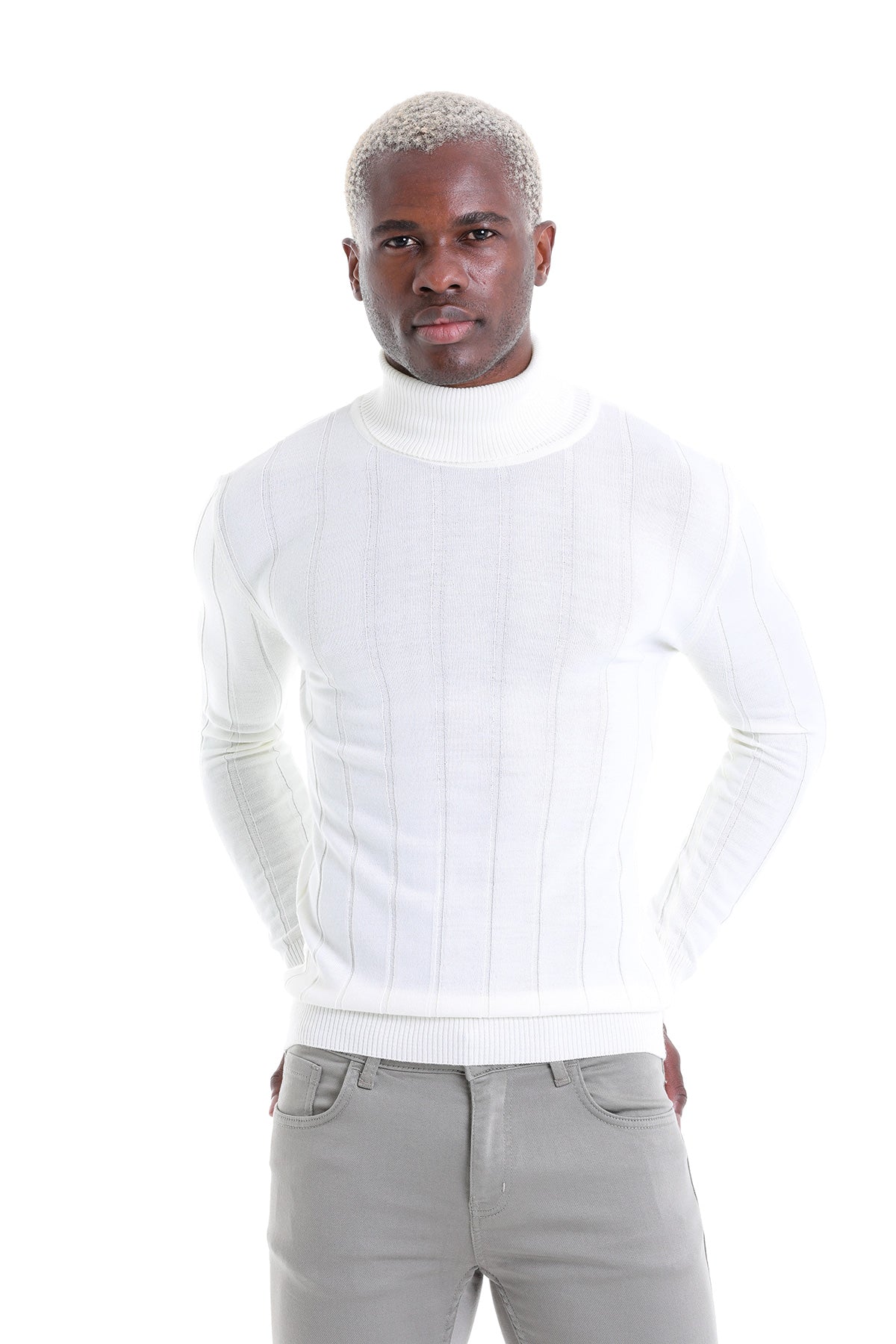 Comfort Fit Drop Needle Wool Blend Ecru Turtleneck Sweater