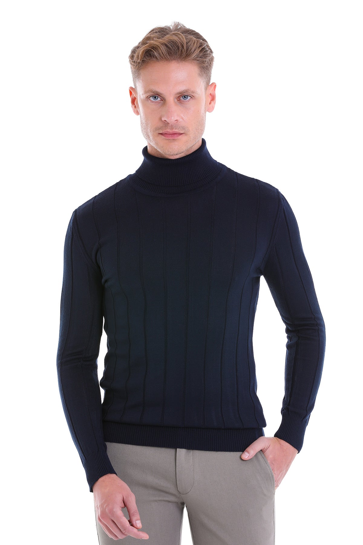 Comfort Fit Drop Needle Wool Blend Navy Turtleneck Sweater