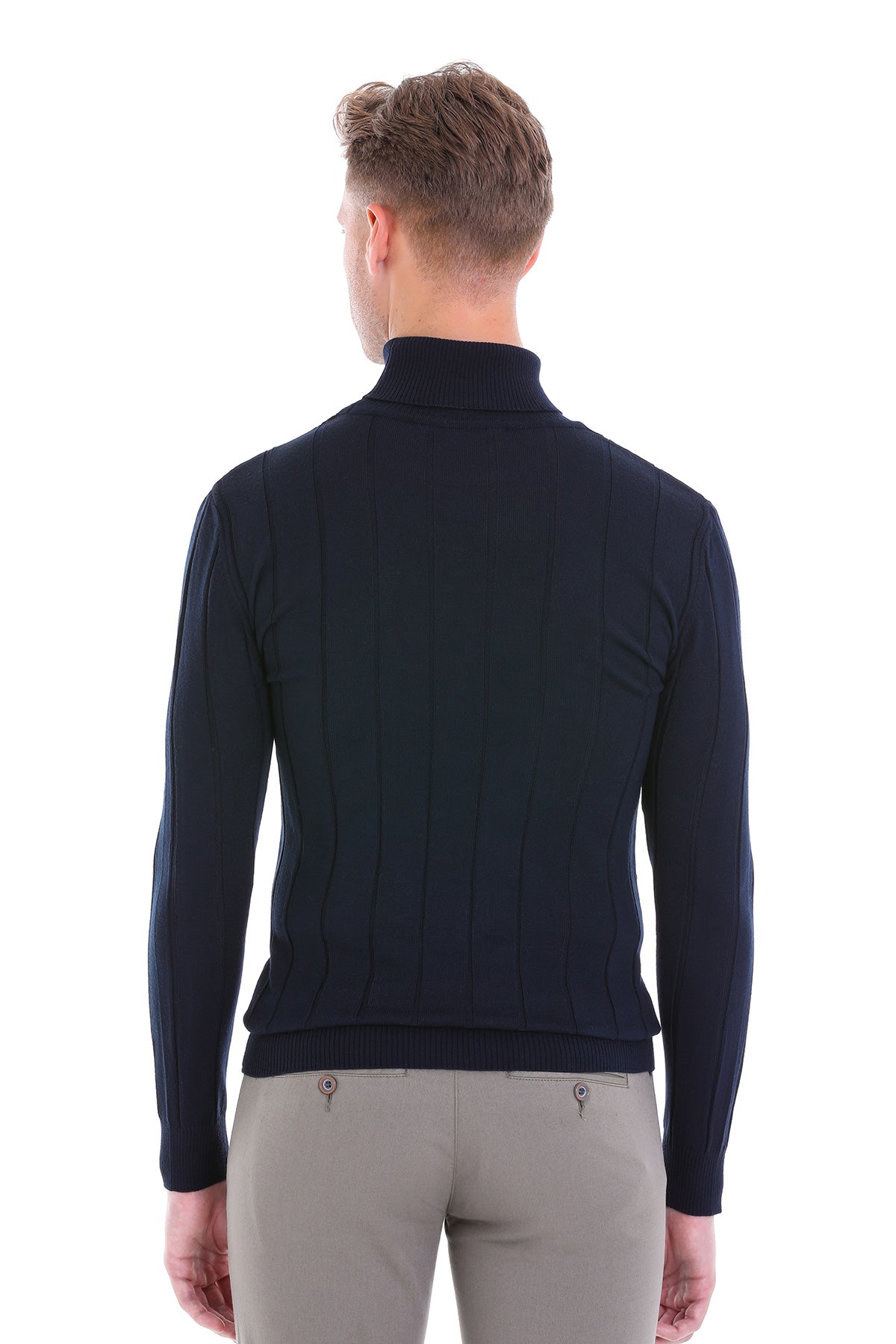 Comfort Fit Drop Needle Wool Blend Navy Turtleneck Sweater