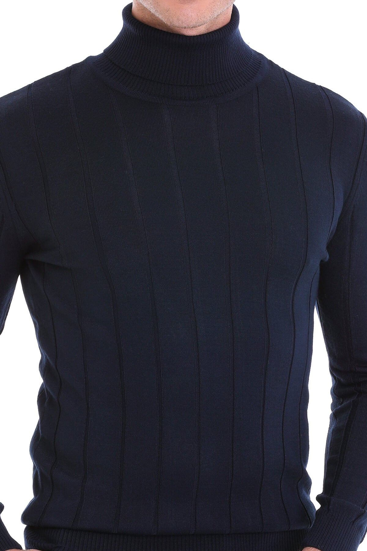 Comfort Fit Drop Needle Wool Blend Navy Turtleneck Sweater