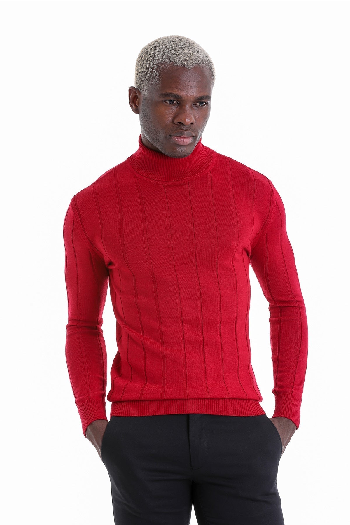 Comfort Fit Drop Needle Wool Blend Red Turtleneck Sweater