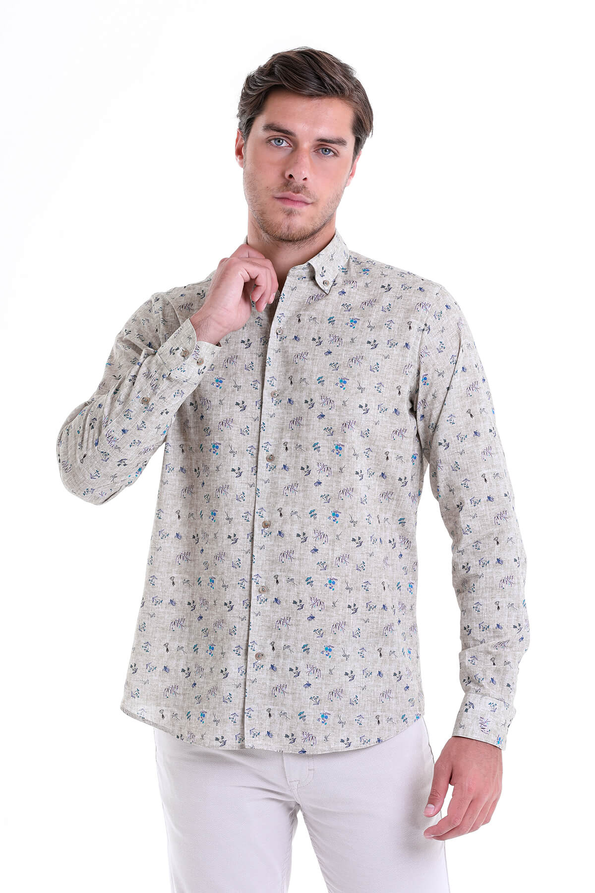 Comfort Fit Floral Printed Cotton Khaki Casual Shirt - MIB