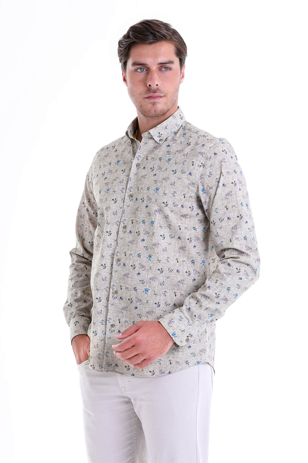 Comfort Fit Floral Printed Cotton Khaki Casual Shirt - MIB