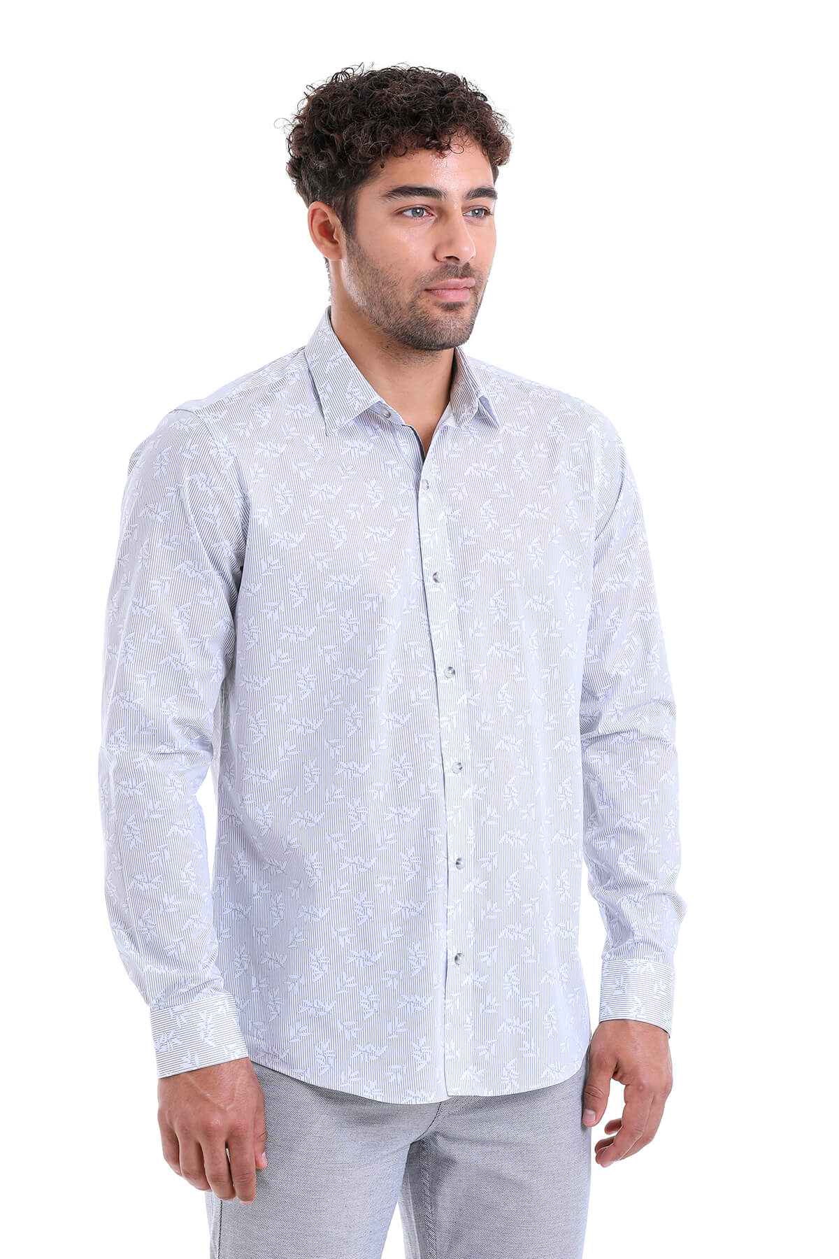 Comfort Fit Floral Stripe Printed Cotton Gray Casual Shirt